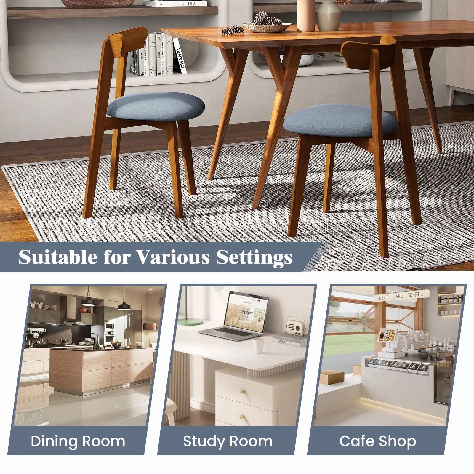 Giantex Wooden Dining Chairs Set, Mid-Century Kitchen Chairs w/Padded Seat & Curved Backrest