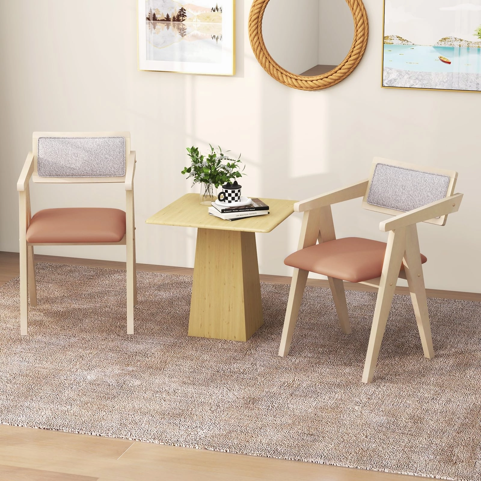 Giantex Wooden Dining Chairs Set of 2, Mid Century Upholstered Kitchen Chairs w/Leathaire Seat Cushions