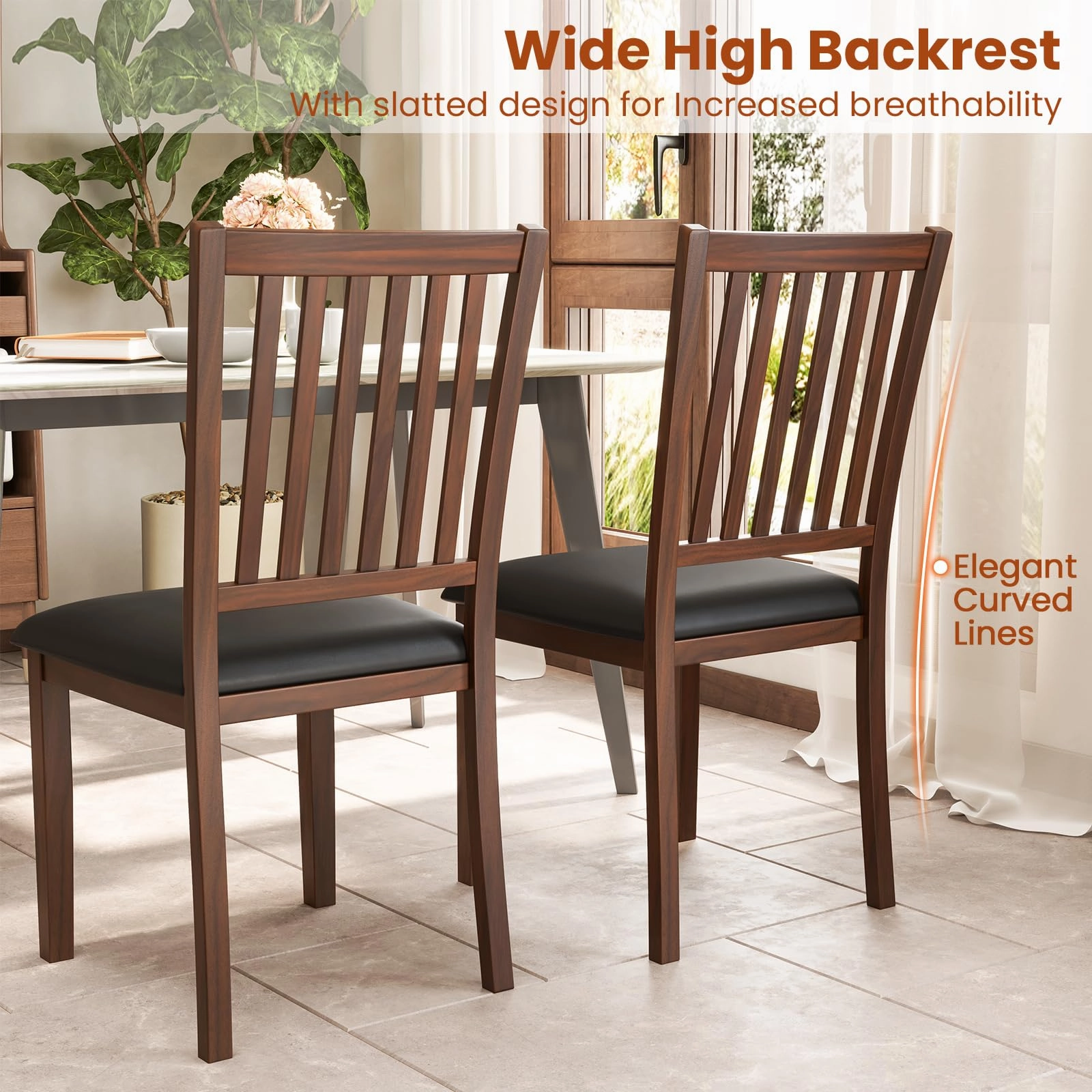 Giantex Wooden Dining Chairs Set, Upholstered Kitchen Chairs w/Slat Back, Wear-Resistant PVC Leather