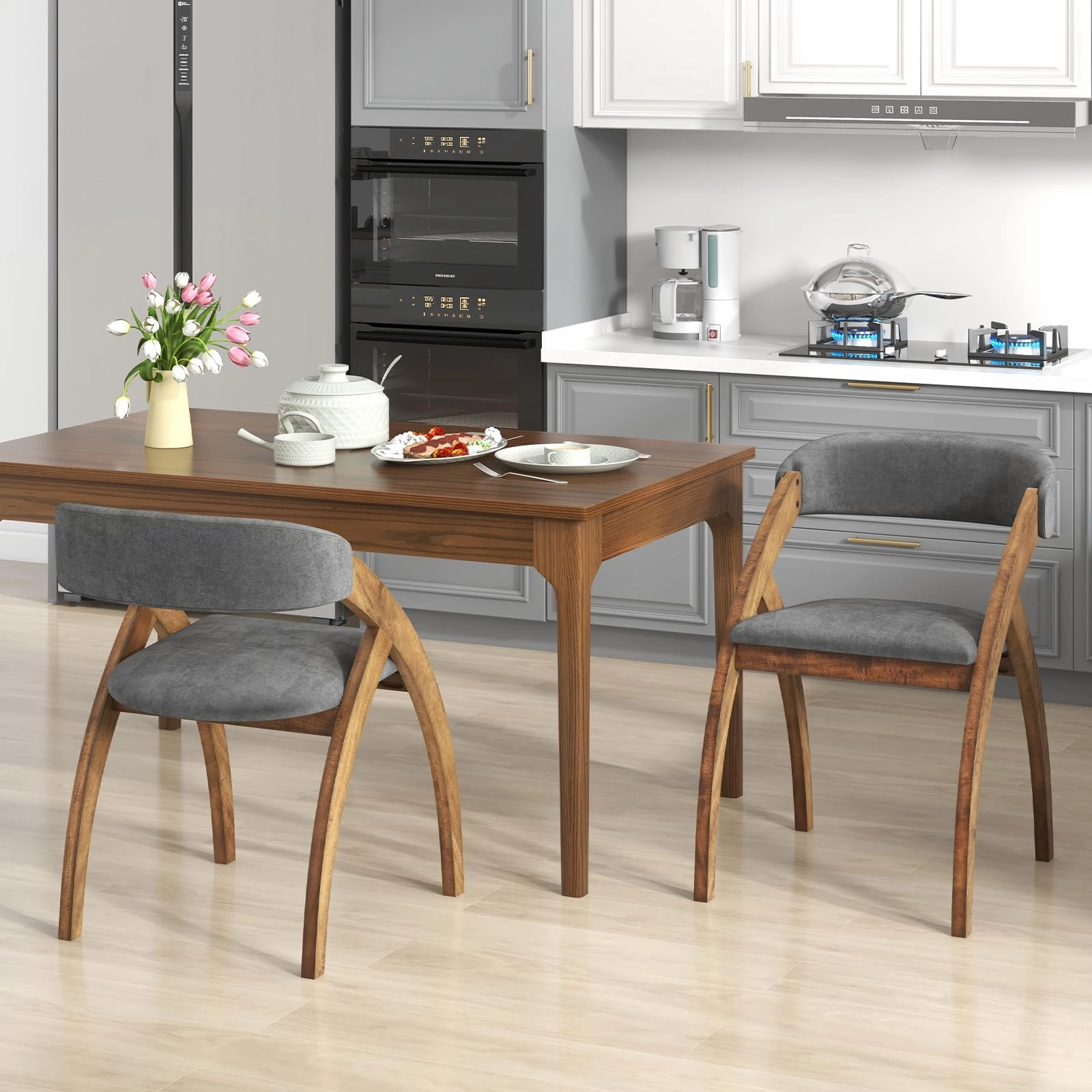 Giantex Wooden Dining Chairs, Upholstered Kitchen Chairs w/Arched Rubber Wood Legs