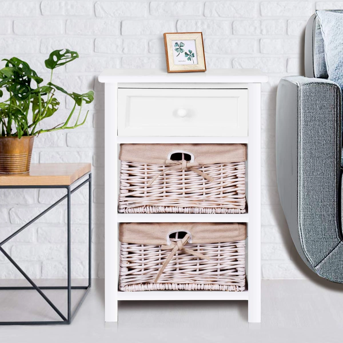Giantex Wooden Nightstand 3 Tiers W/ 2 Baskets and 1 Drawer Bedside Sofa Storage Organizer