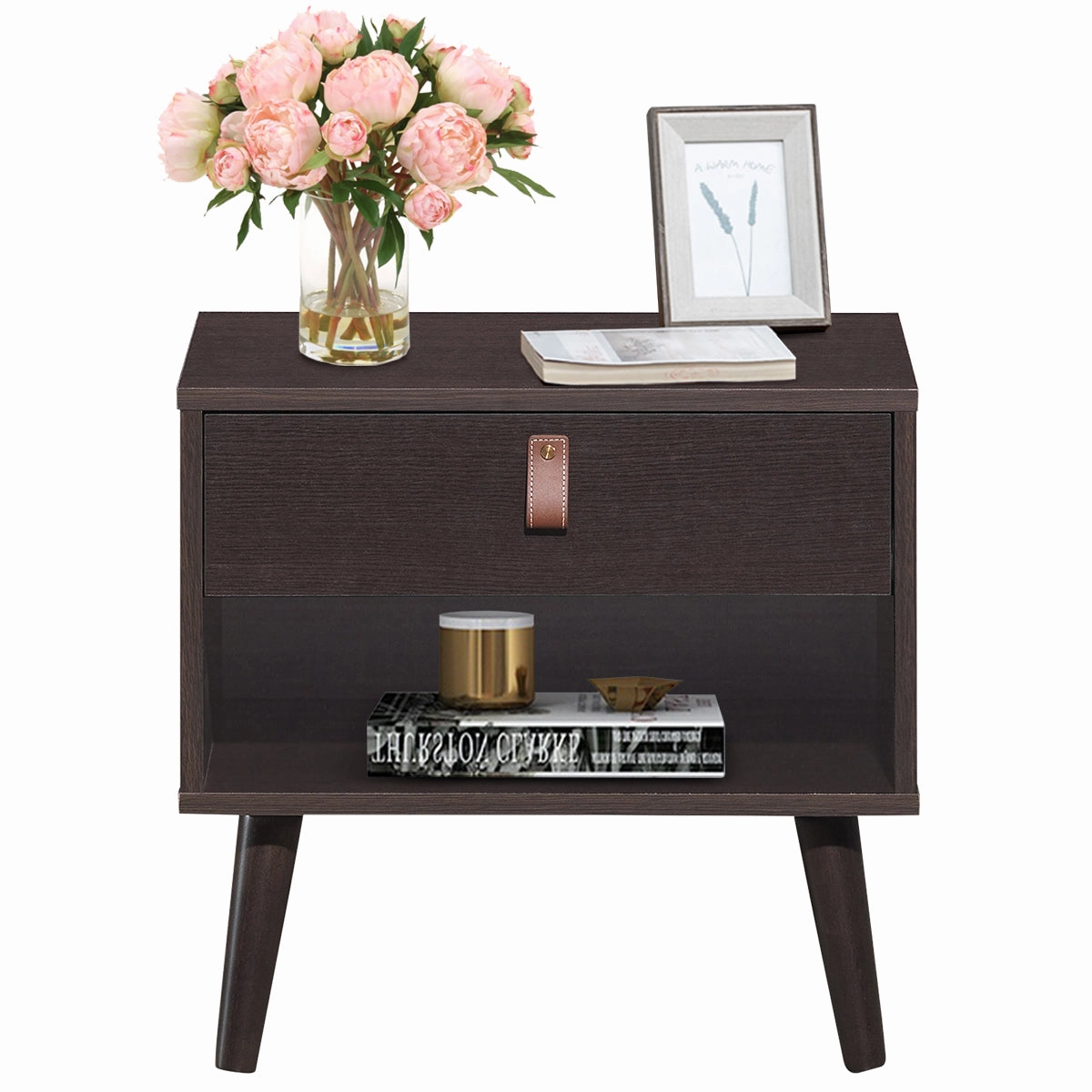 Giantex Wooden Nightstand with Drawer and Shelf Sofa Side Table