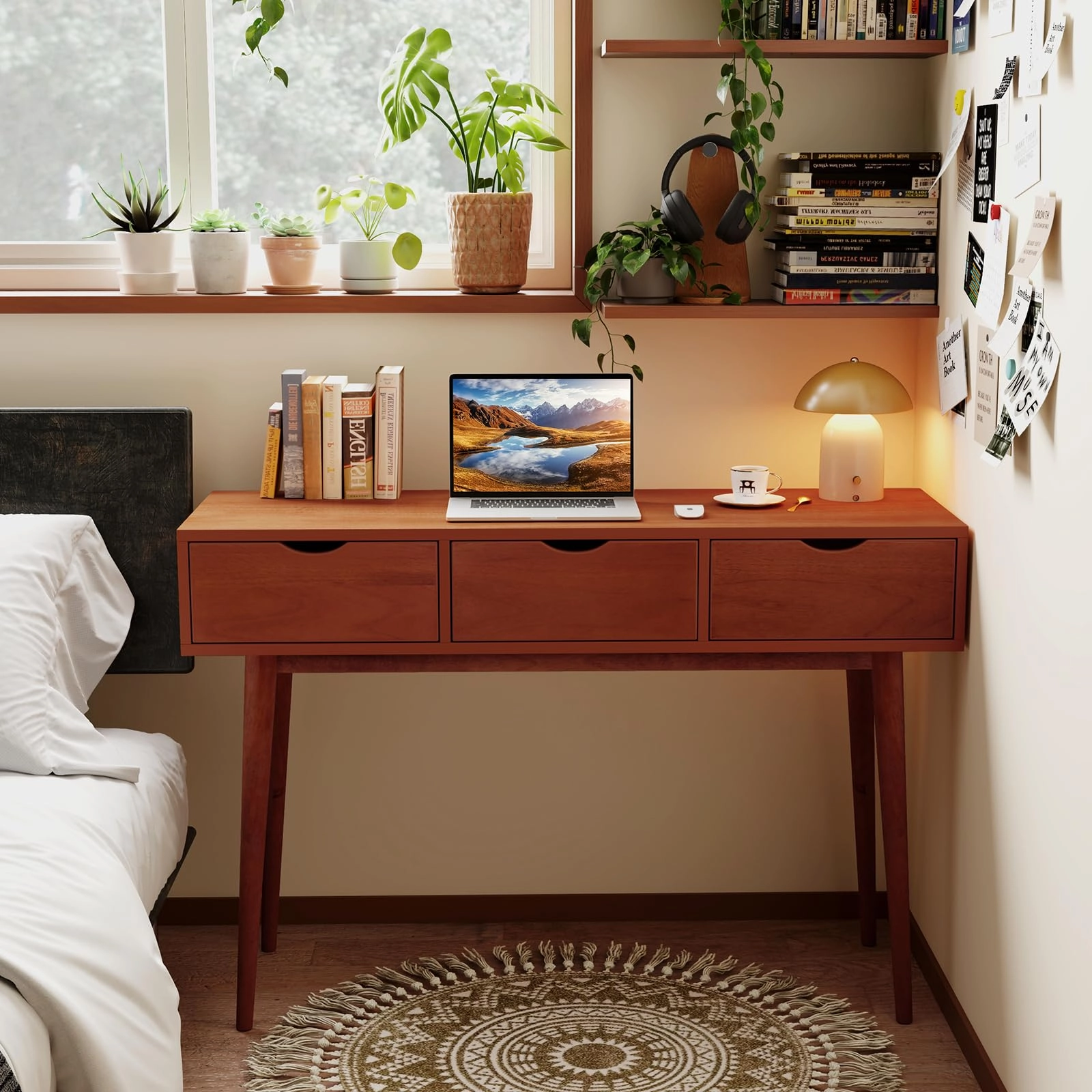 Giantex Writing Desk with 3 Drawers, 48" Computer Desk with Solid Wood Legs, Mid Century Modern Work Table