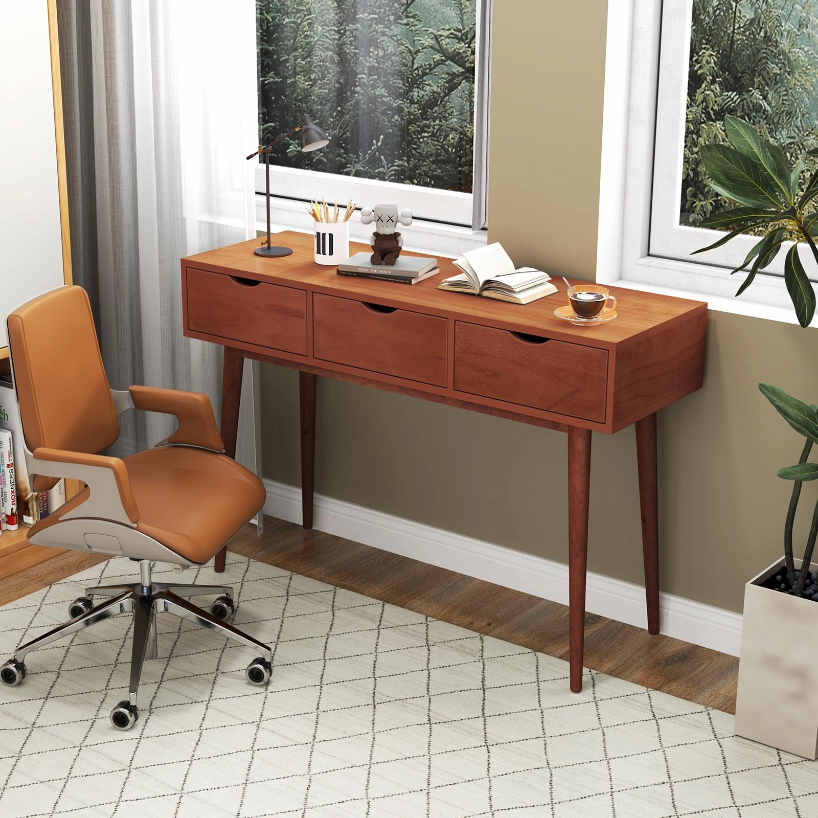 Giantex Writing Desk with 3 Drawers, 48" Computer Desk with Solid Wood Legs, Mid Century Modern Work Table