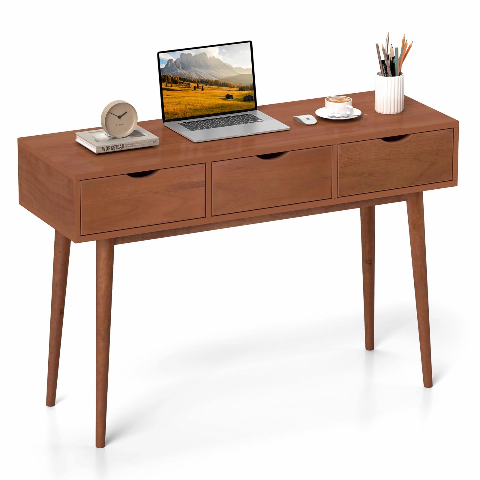 Giantex Writing Desk with 3 Drawers, 48" Computer Desk with Solid Wood Legs, Mid Century Modern Work Table patio decor, garden accessories