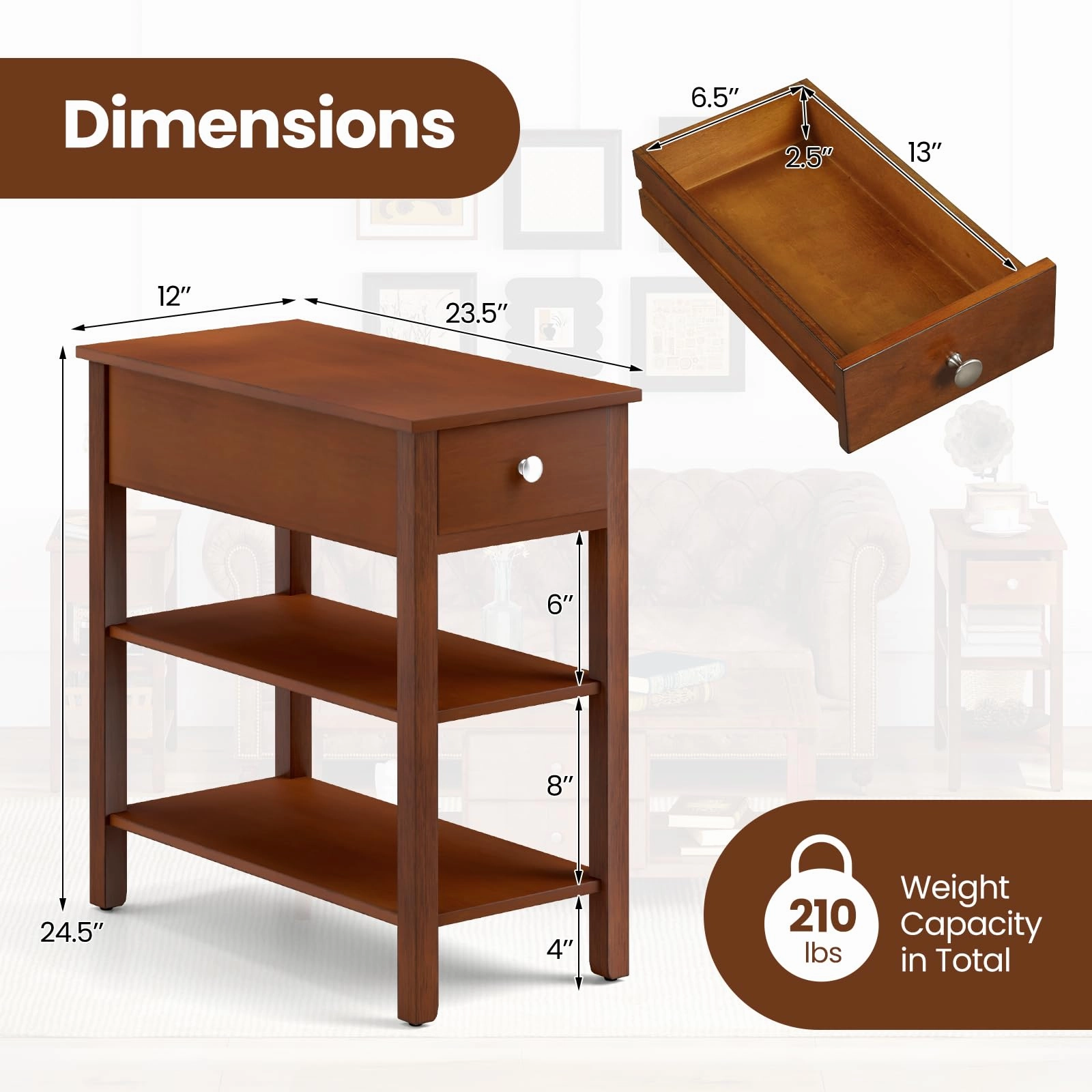 Ginatex Narrow Side Table Set of 2, Small End Tables with Drawer & Open Storage Shelves
