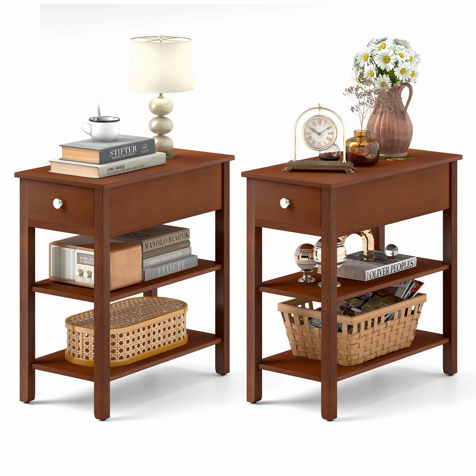 Ginatex Narrow Side Table Set of 2, Small End Tables with Drawer & Open Storage Shelves entry bench, mudroom storage