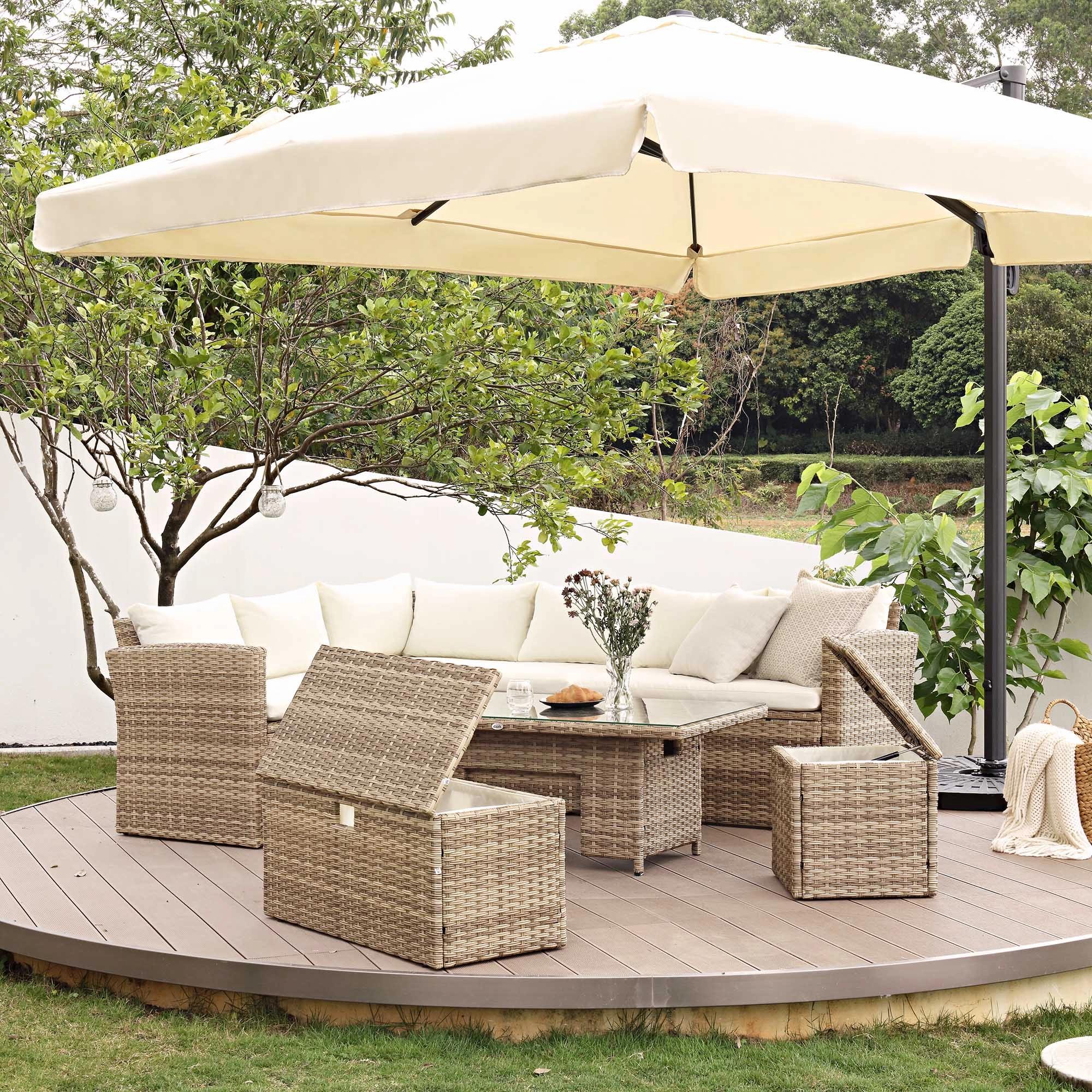 Granchester Rattan Rectangular Corner Dining Sofa Set with Rising Table, Natural