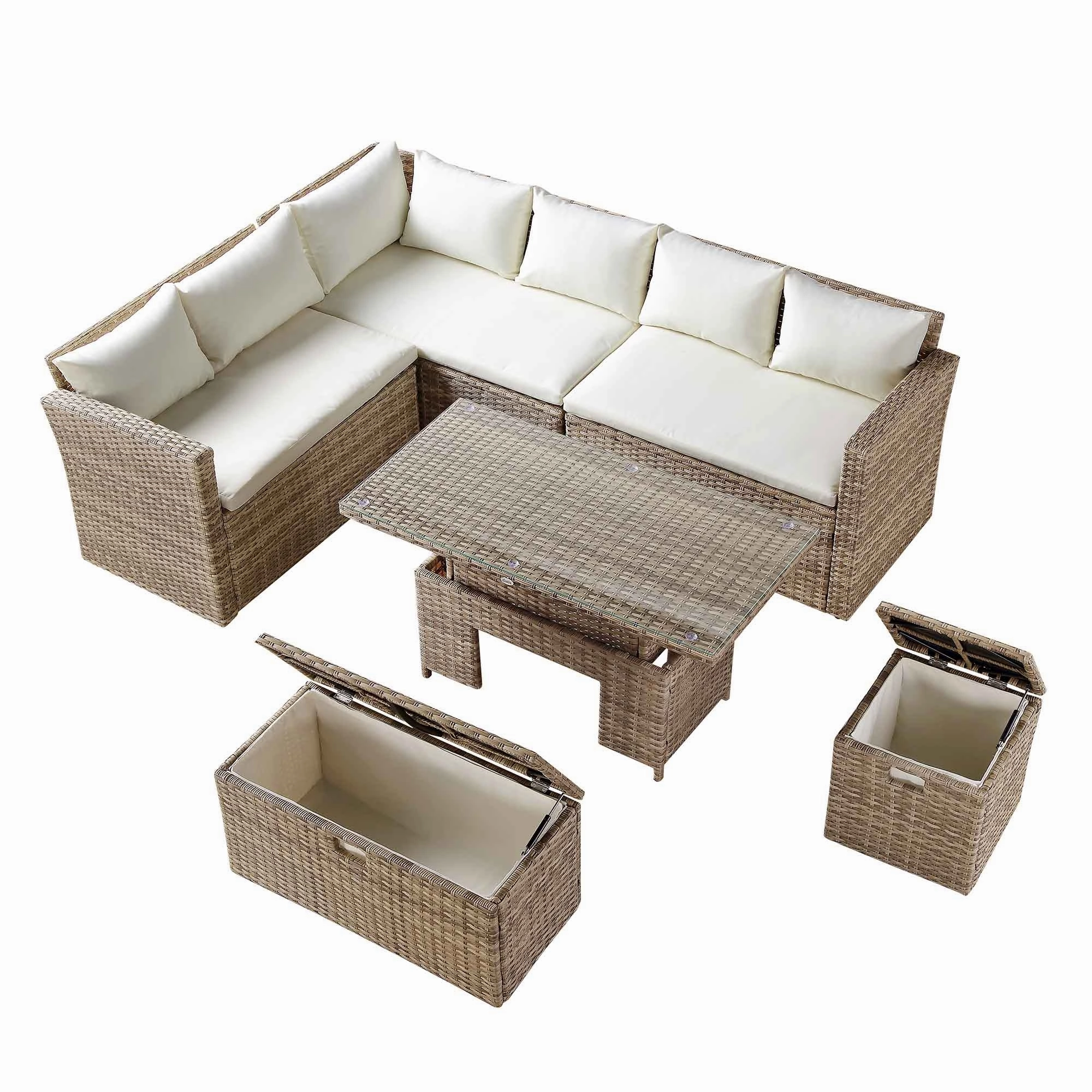Granchester Rattan Rectangular Corner Dining Sofa Set with Rising Table, Natural