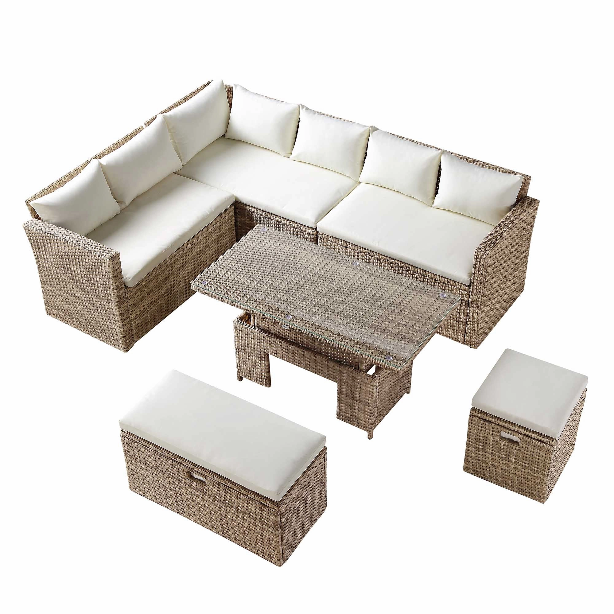 Granchester Rattan Rectangular Corner Dining Sofa Set with Rising Table, Natural