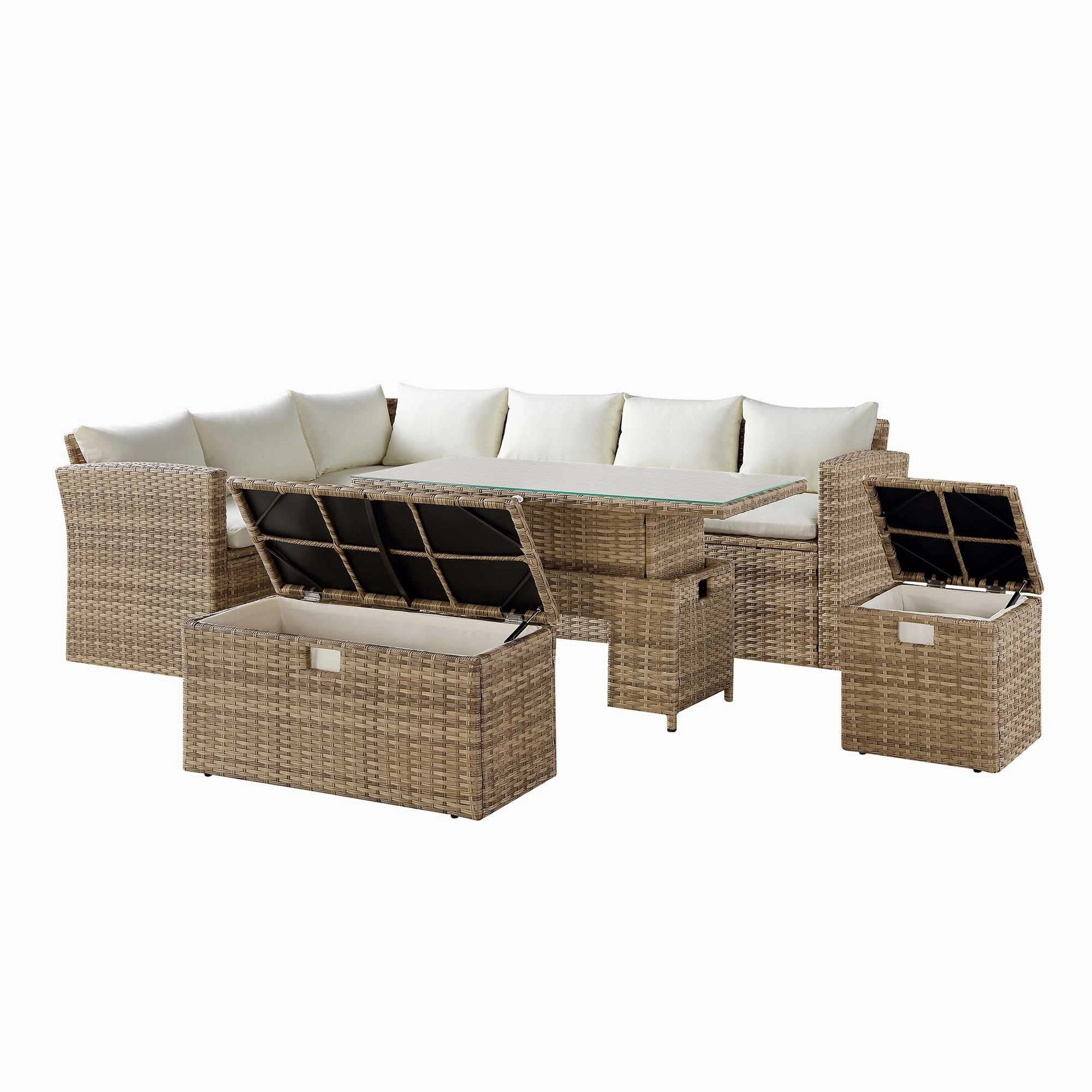 Granchester Rattan Rectangular Corner Dining Sofa Set with Rising Table, Natural