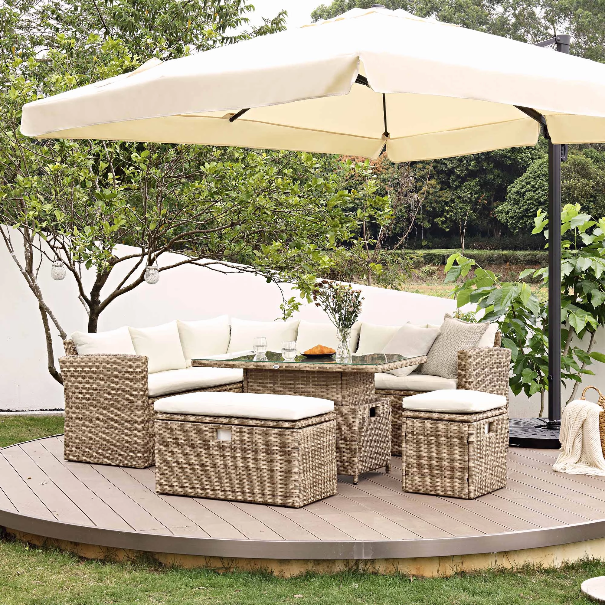 Granchester Rattan Rectangular Corner Dining Sofa Set with Rising Table, Natural