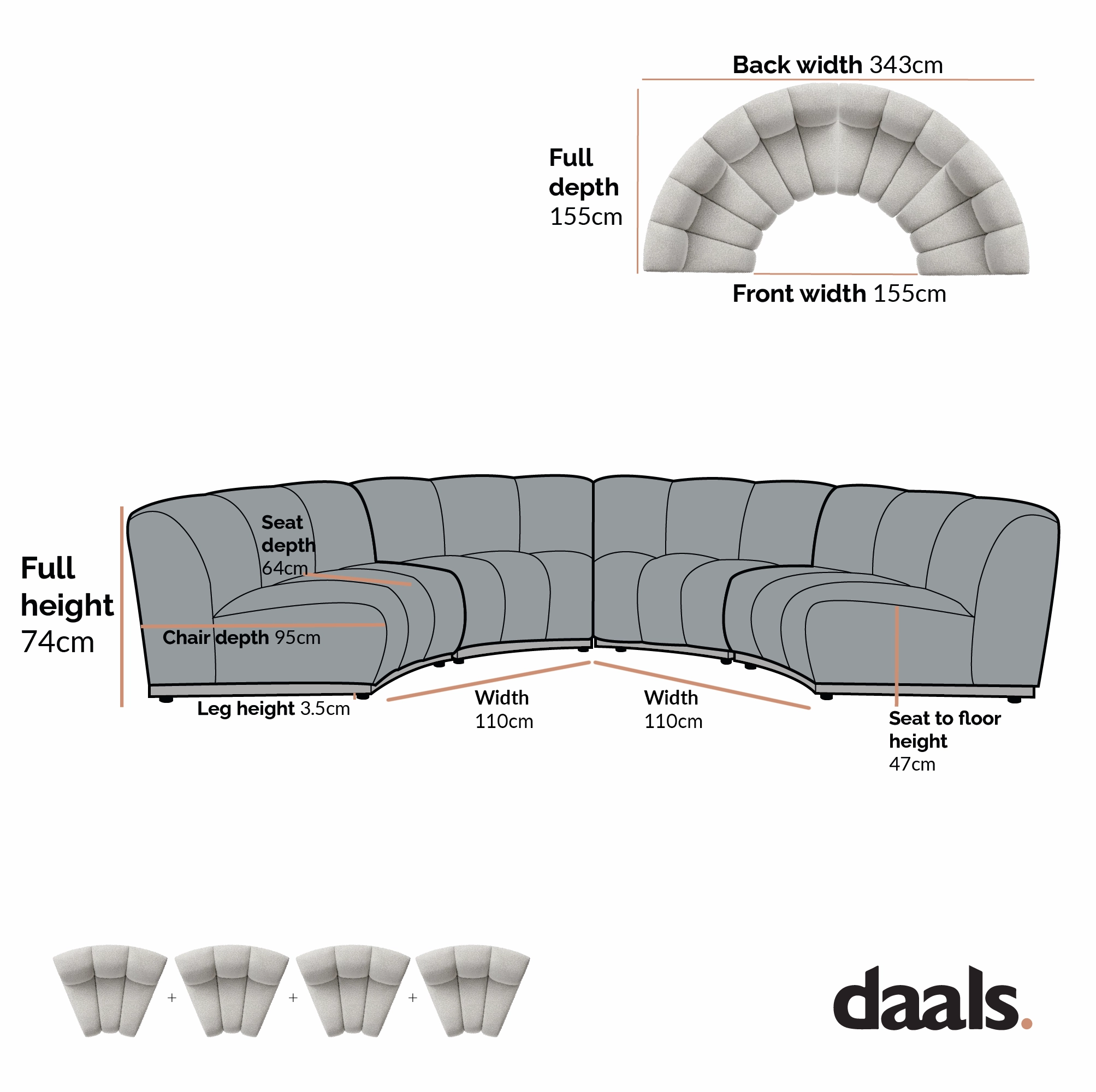 Granvia Ecru Boucle Modular Sofa, 4-Seater Half Circle Sofa