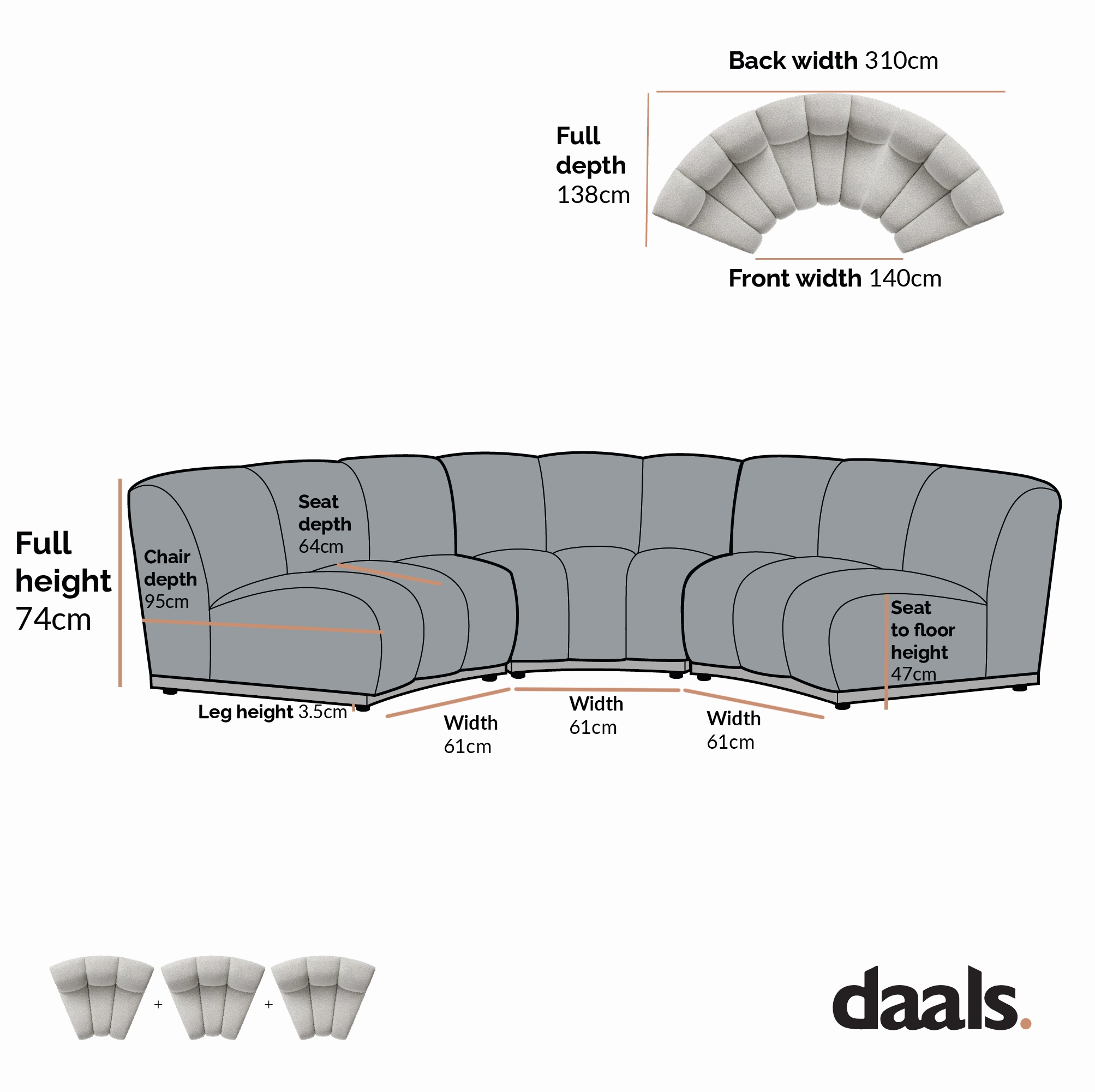 Granvia Taupe Boucle Modular Sofa, 3-Seater Curved Sofa
