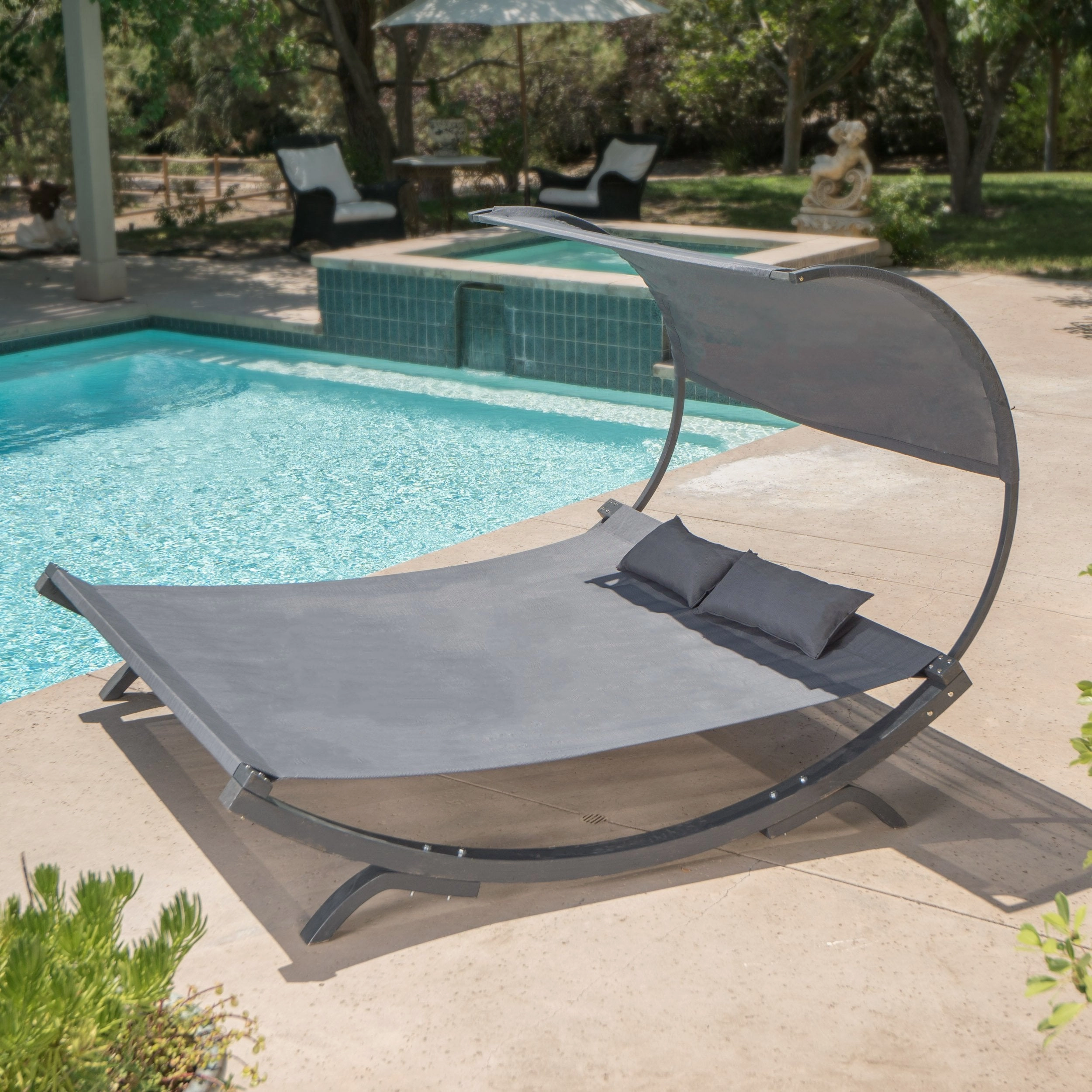 Gray Wood Sunbed with Gray Outdoor Mesh Canopy - NH120103