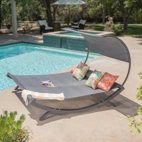 Gray Wood Sunbed with Gray Outdoor Mesh Canopy - NH120103 patio umbrella, gazebo