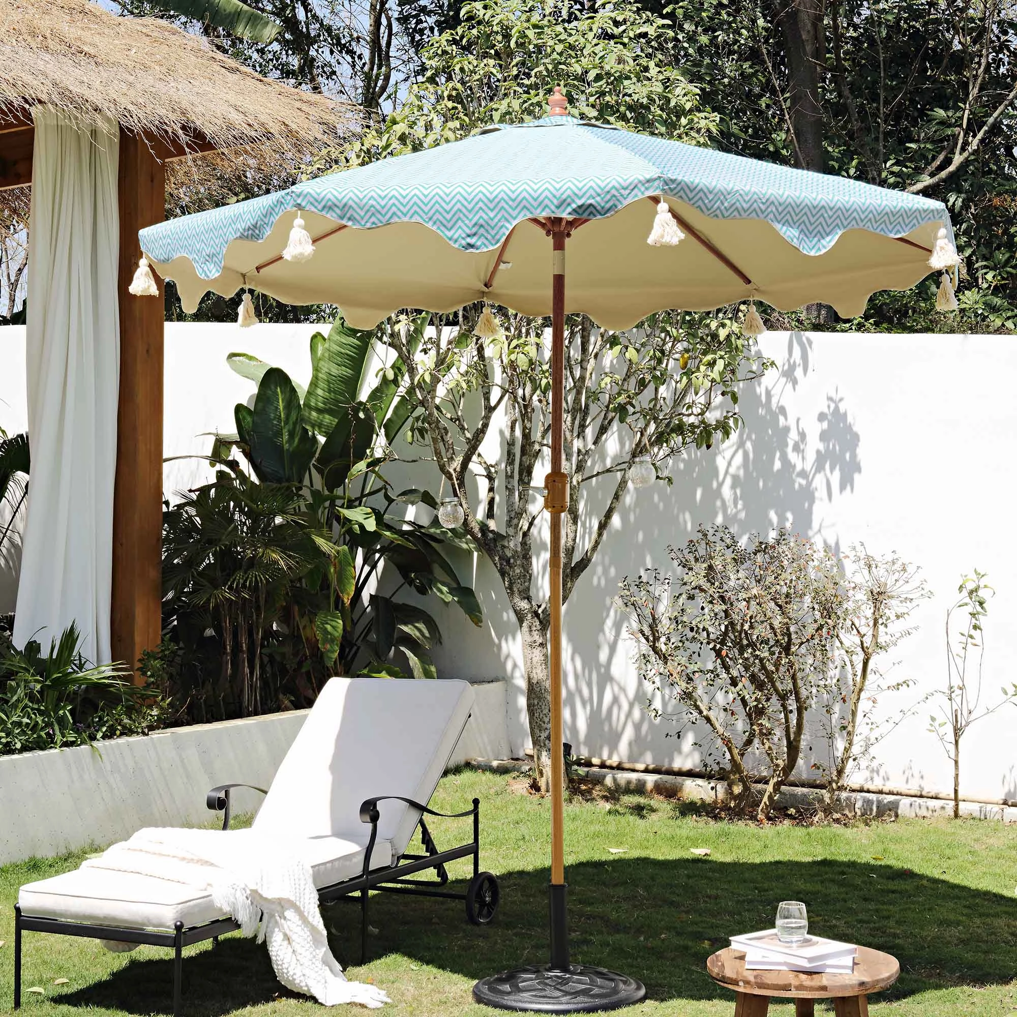 Green Chevron 2.6M Octagonal Tassel Parasol with Aluminium Tilt