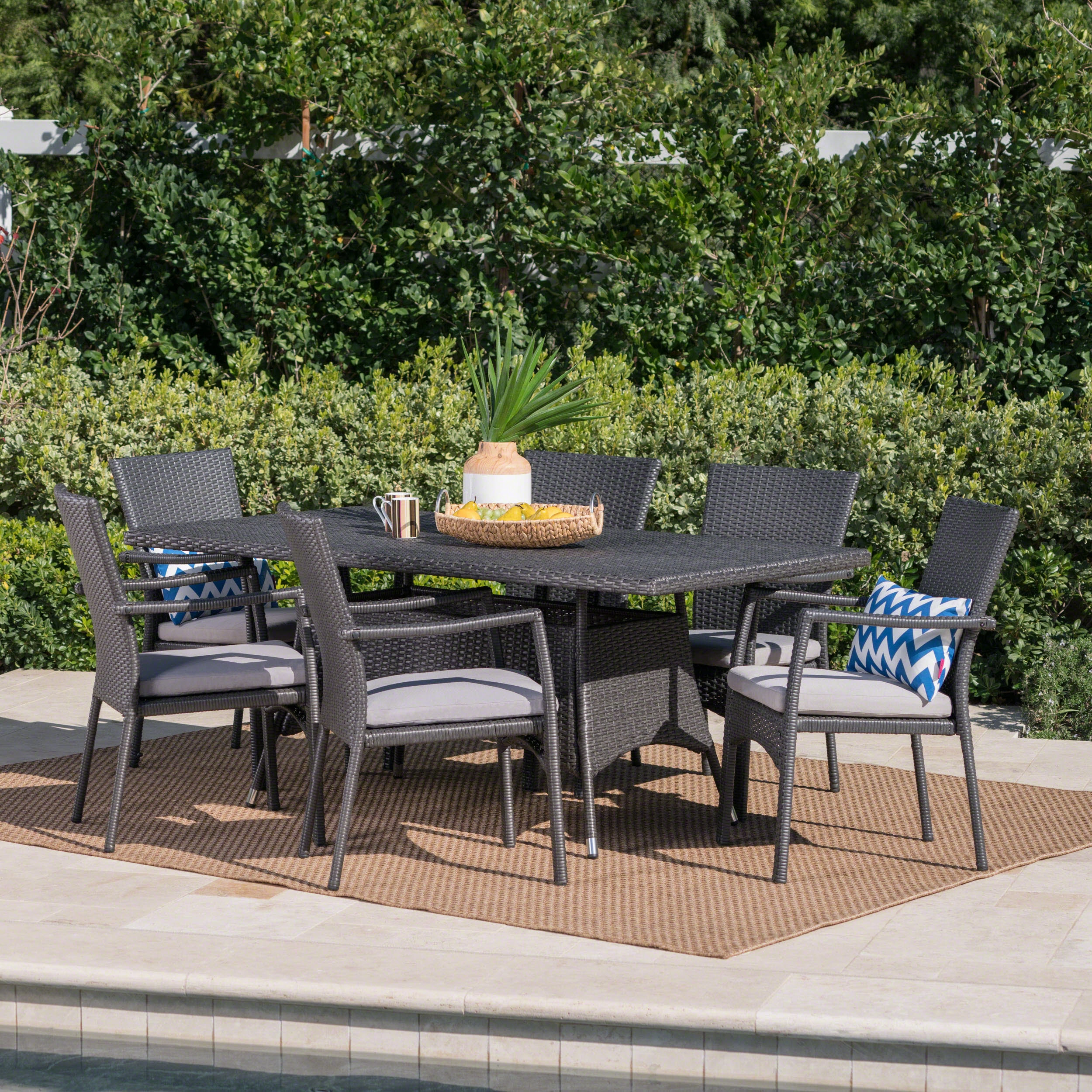 Grey Wicker 7 Piece Rectangular Dining Set - NH565003 outdoor lounge chair, patio sofa