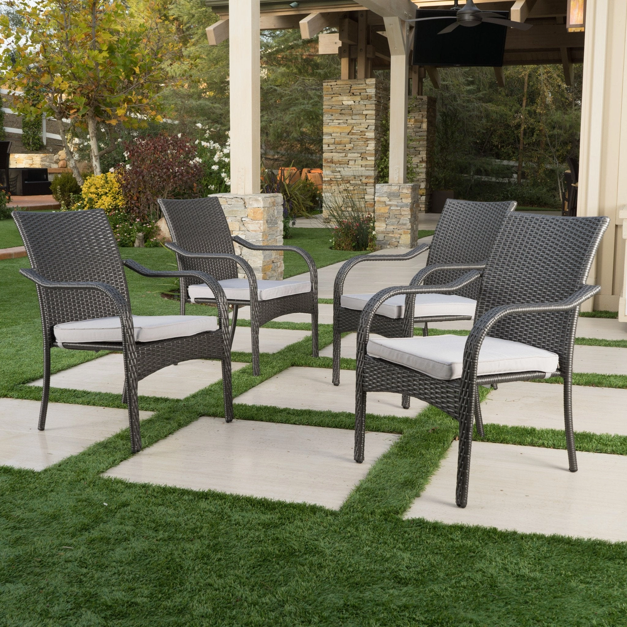 Grey Wicker Stackable Patio Armchairs (Set of 4) - NH454992
