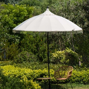 Hacienda 2.4M Beige Beaded Carousel Garden Parasol with Fringe Tassels and Aluminium Tilt