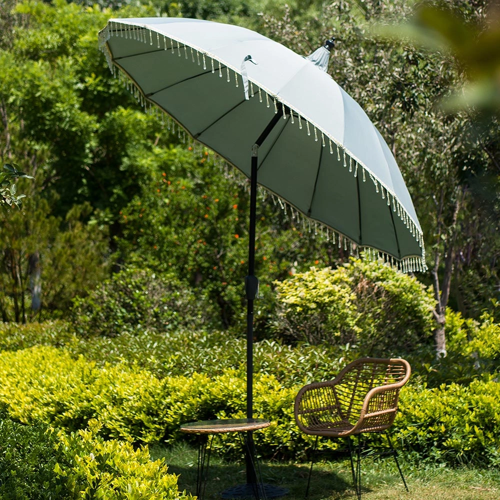 Hacienda 2.4M Light Grey Beaded Carousel Garden Parasol with Fringe Tassels and Aluminium Tilt