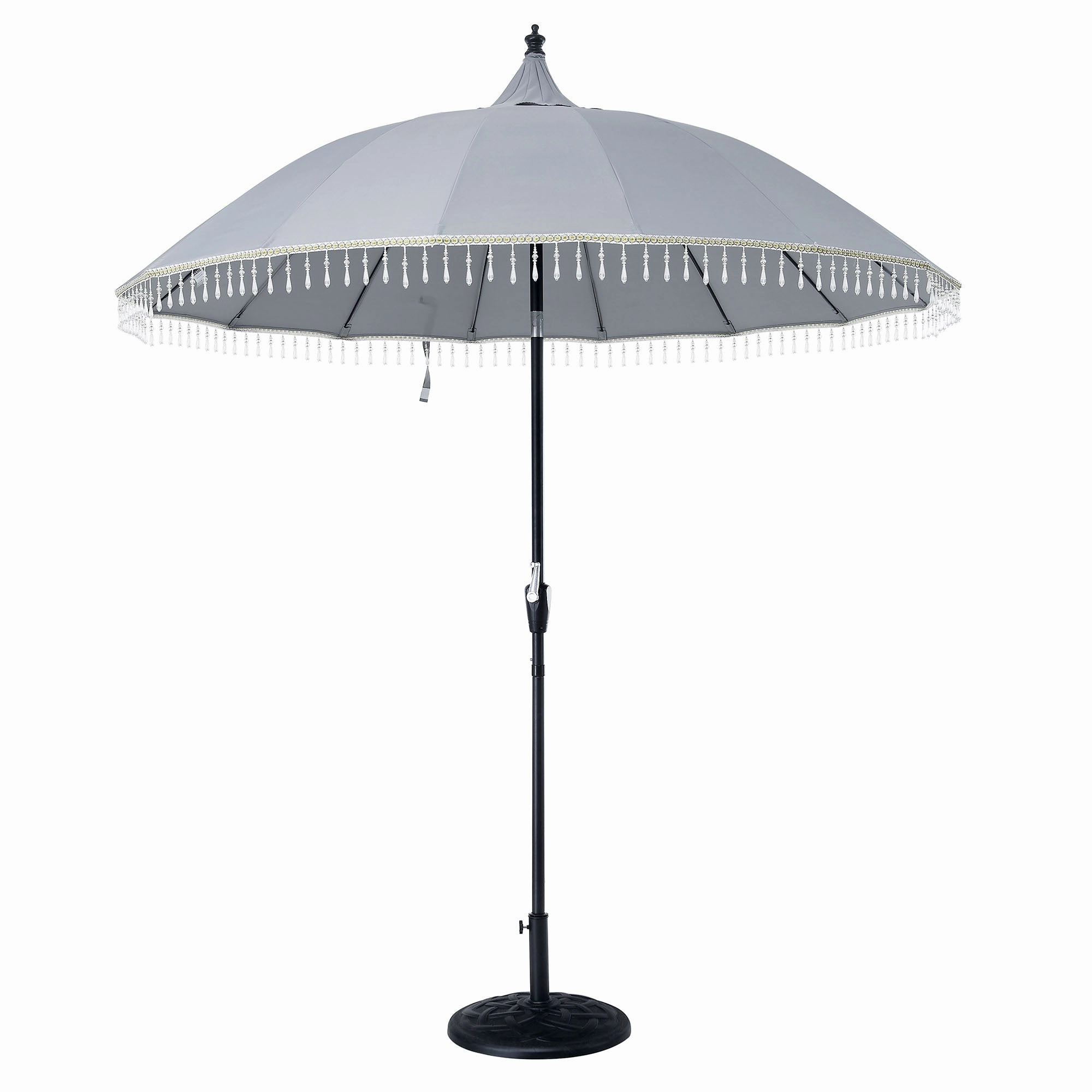 Hacienda 2.4M Light Grey Beaded Carousel Garden Parasol with Fringe Tassels and Aluminium Tilt