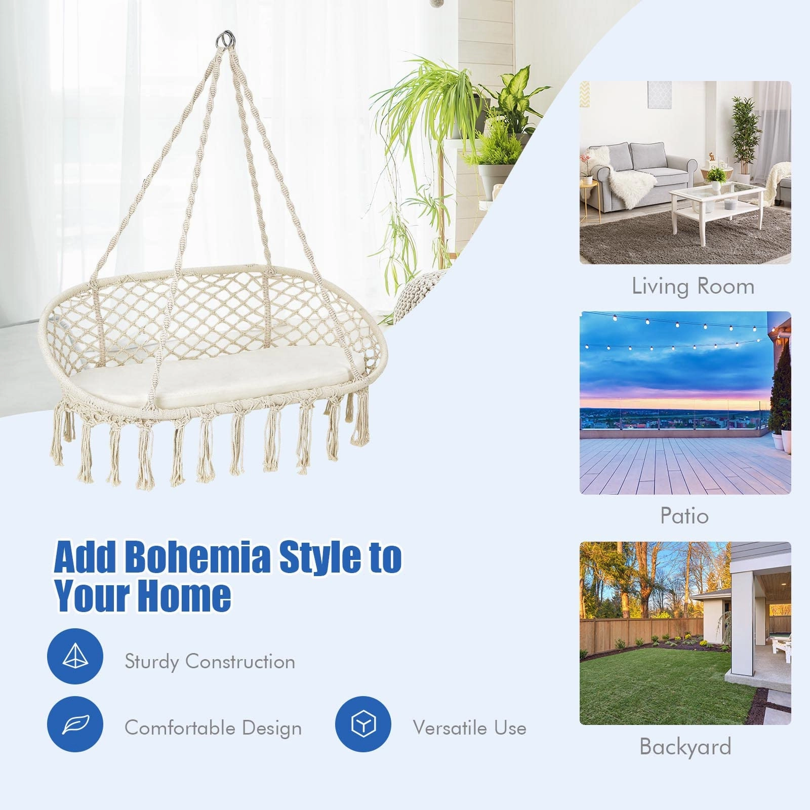 Hammock Chair 2 Seat, Macrame Hanging Chair with Cushion