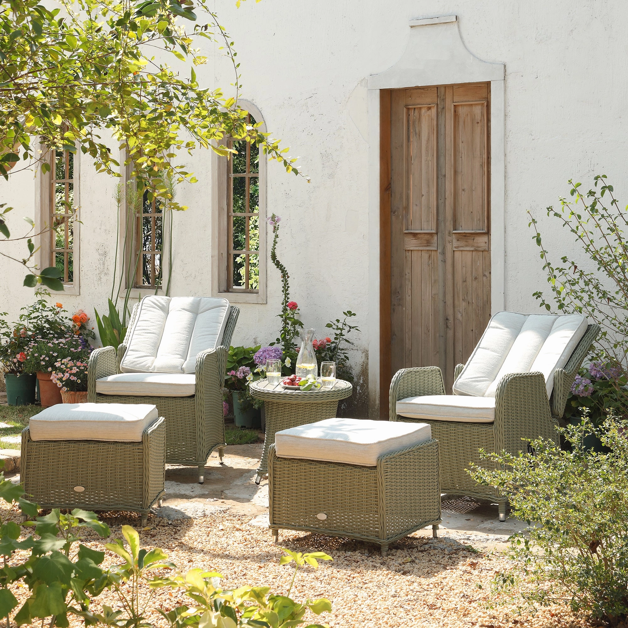 Hampshire 2-Seater Round Wicker Reclining Bistro Set with Stools, Desert Sage