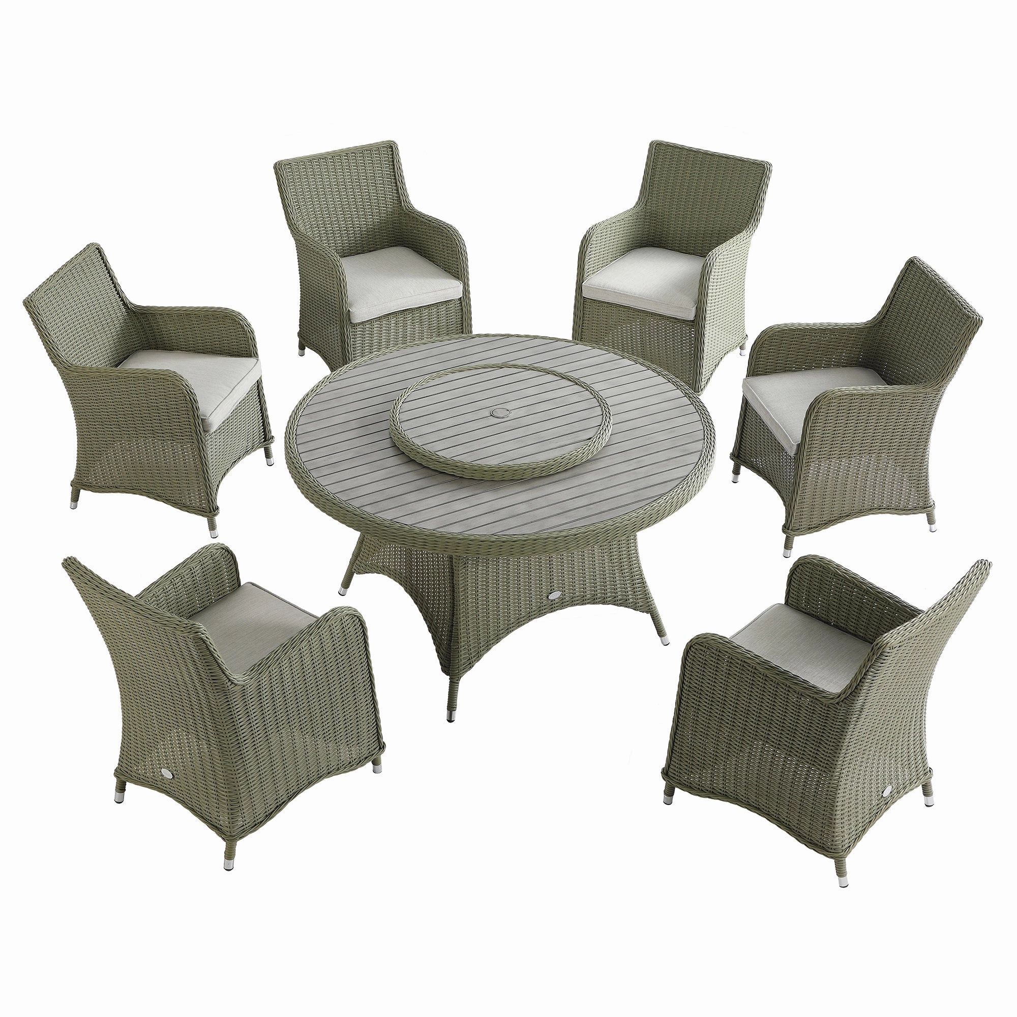 Hampshire 6-Seater Round Wicker Rattan Dining Set with Lazy Susan & Ice Bucket, Desert Sage