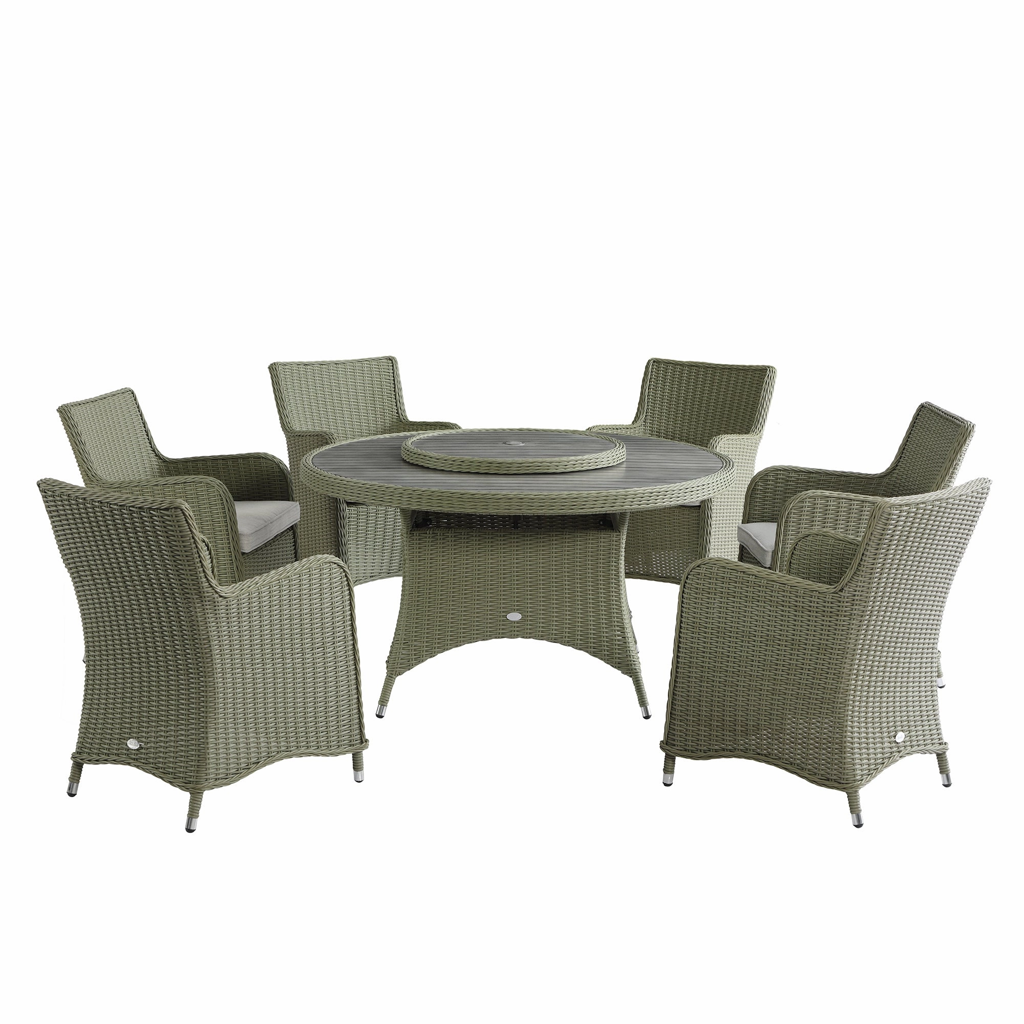 Hampshire 6-Seater Round Wicker Rattan Dining Set with Lazy Susan & Ice Bucket, Desert Sage