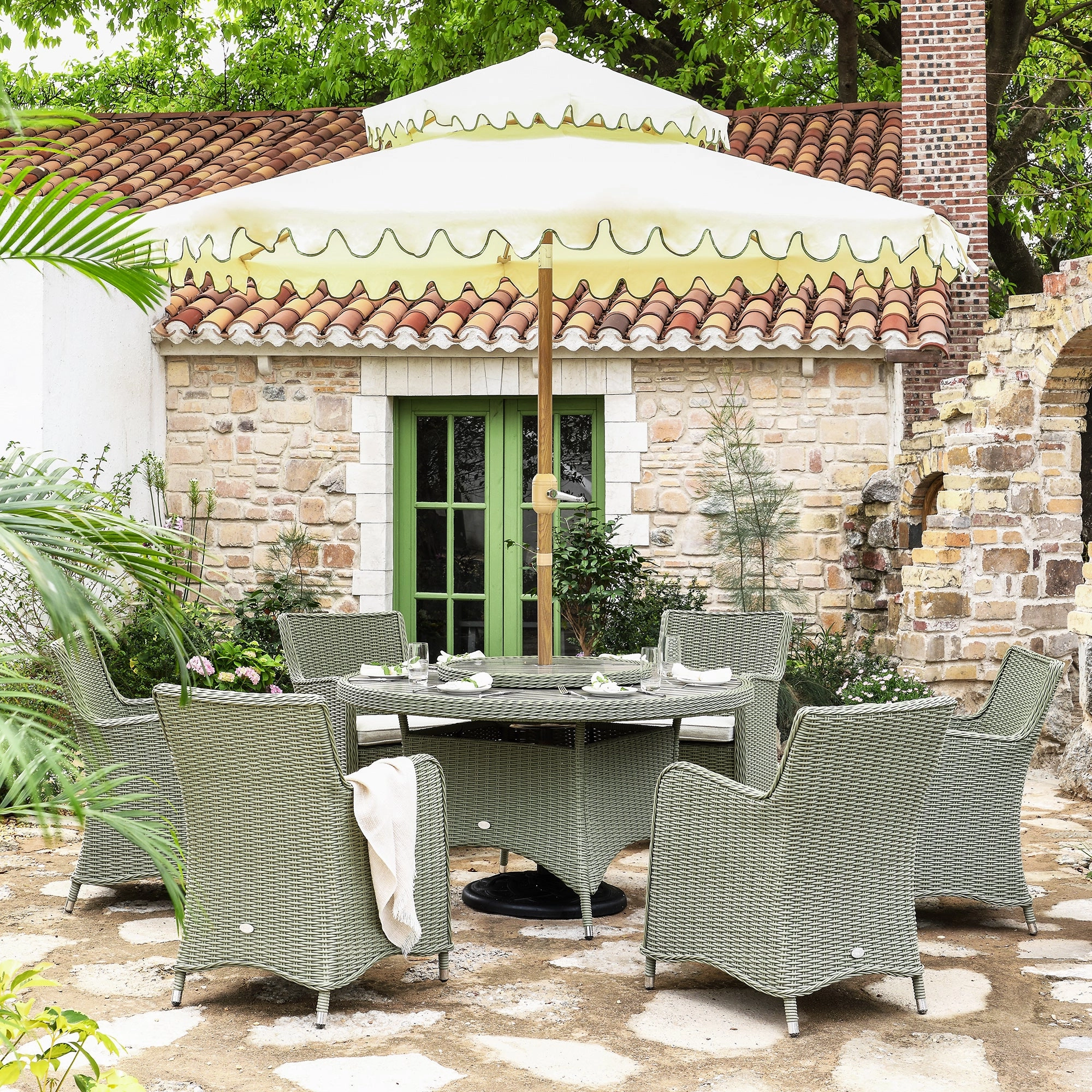 Hampshire 6-Seater Round Wicker Rattan Dining Set with Lazy Susan & Ice Bucket, Desert Sage