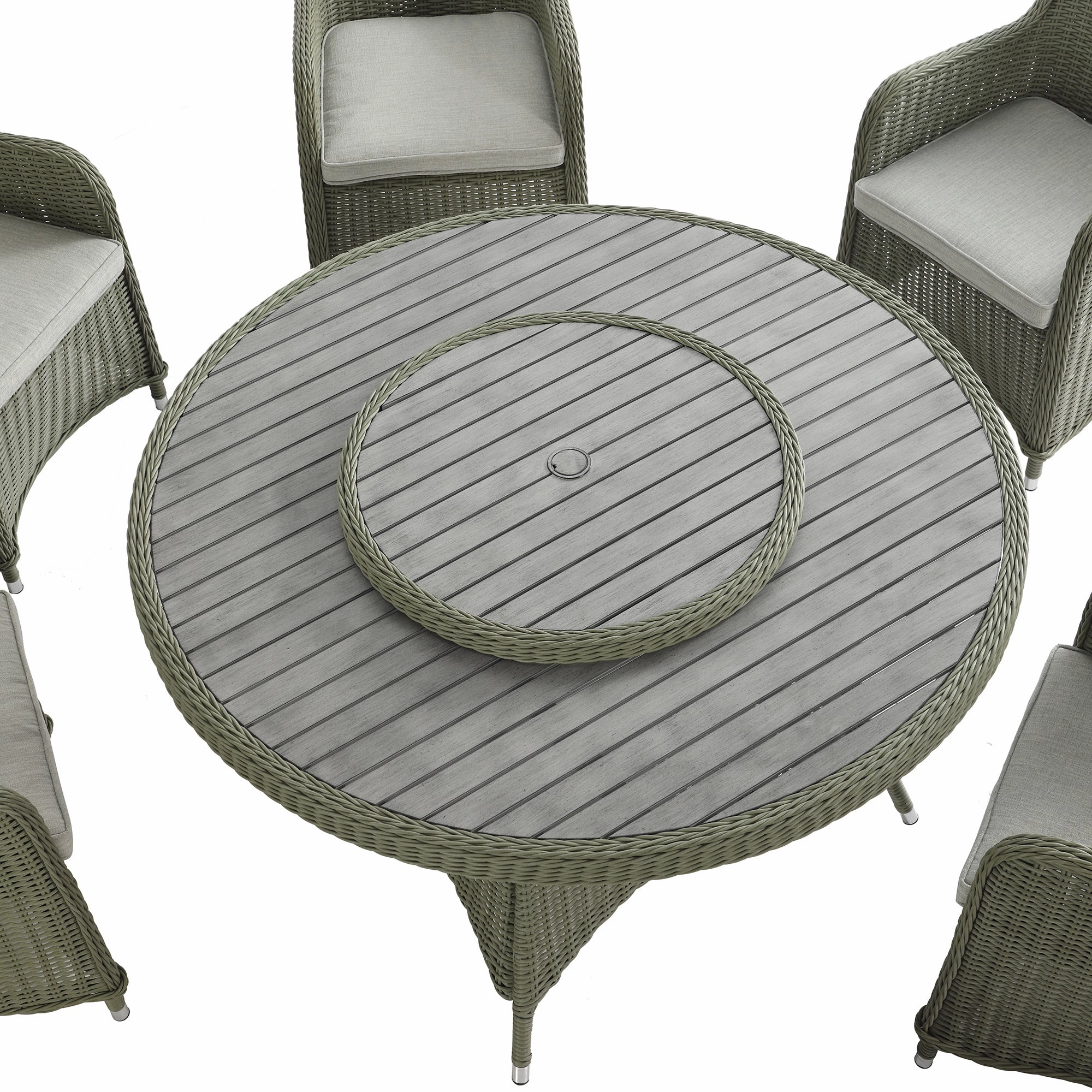 Hampshire 6-Seater Round Wicker Rattan Dining Set with Lazy Susan & Ice Bucket, Desert Sage