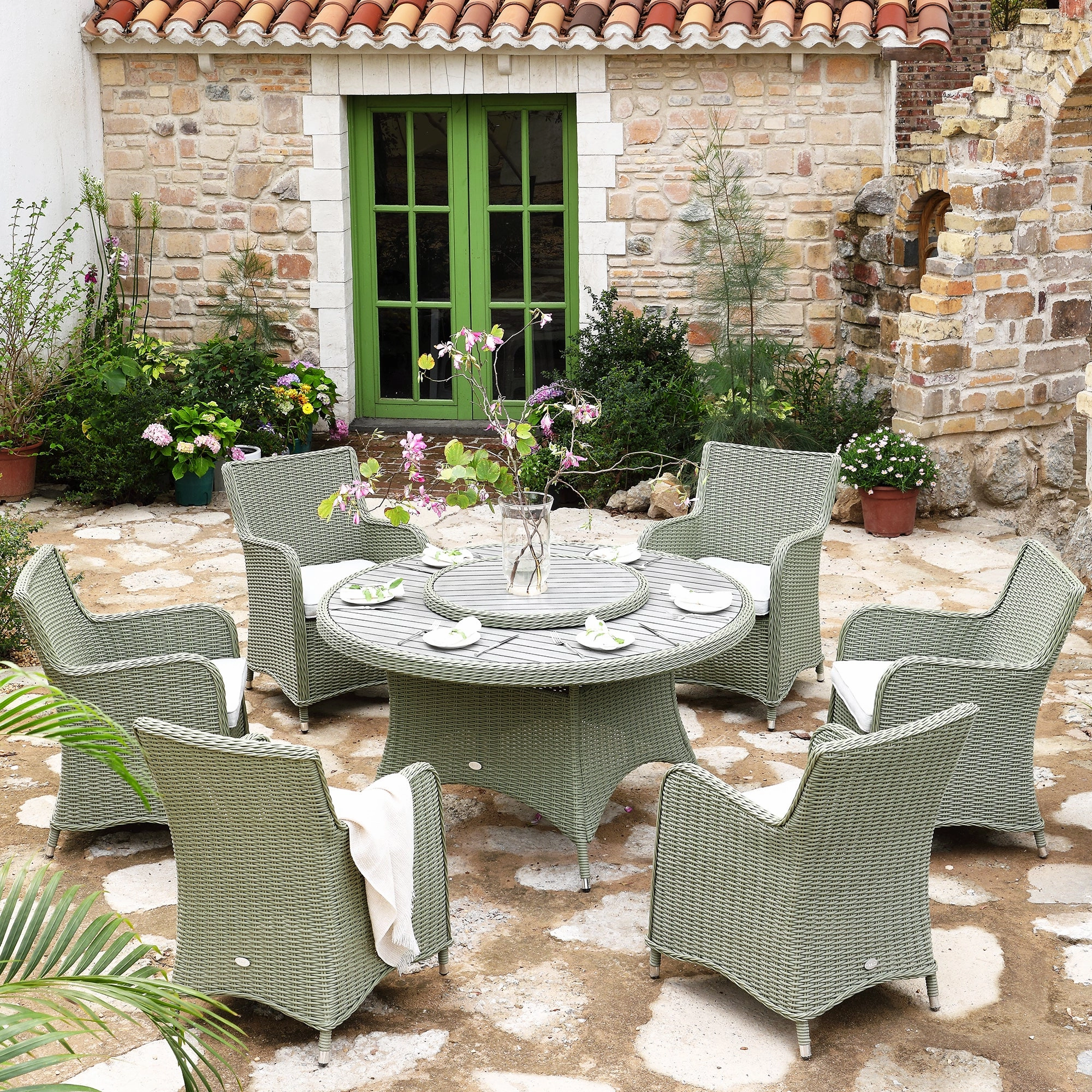 Hampshire 6-Seater Round Wicker Rattan Dining Set with Lazy Susan & Ice Bucket, Desert Sage