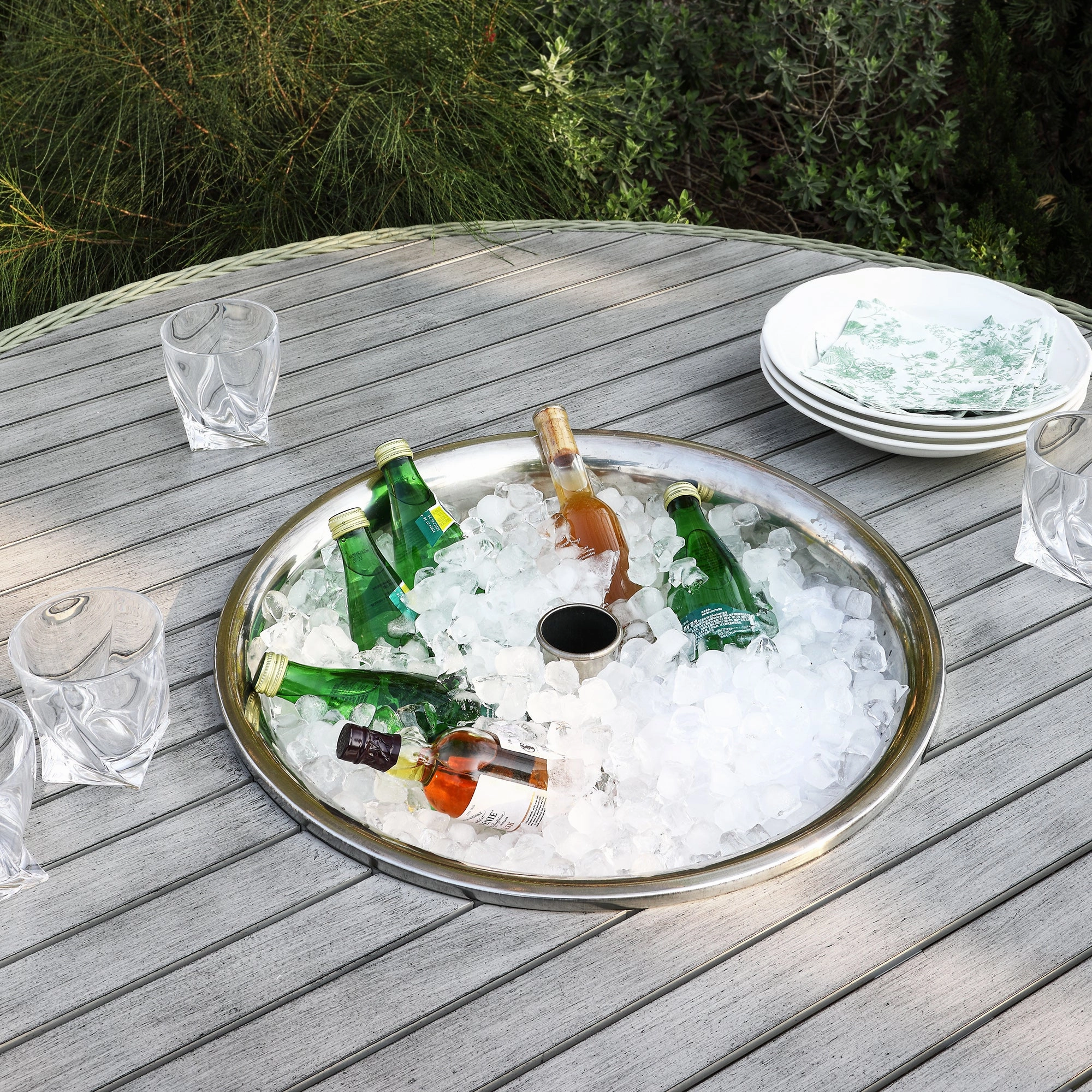 Hampshire 6-Seater Round Wicker Rattan Dining Set with Lazy Susan & Ice Bucket, Desert Sage