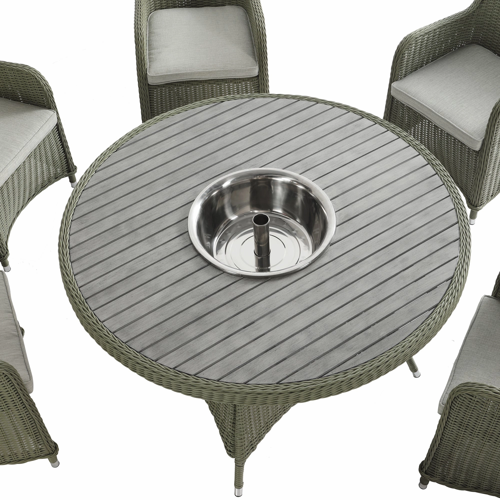 Hampshire 6-Seater Round Wicker Rattan Dining Set with Lazy Susan & Ice Bucket, Desert Sage