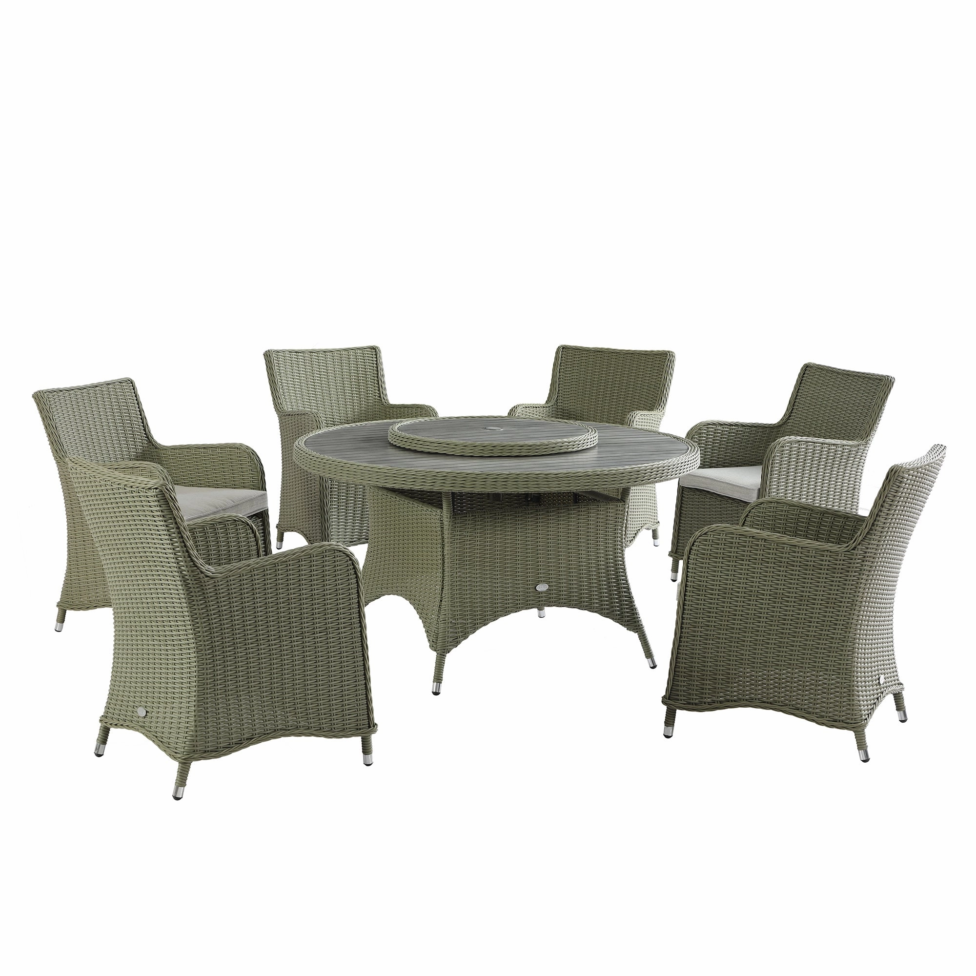Hampshire 6-Seater Round Wicker Rattan Dining Set with Lazy Susan & Ice Bucket, Desert Sage