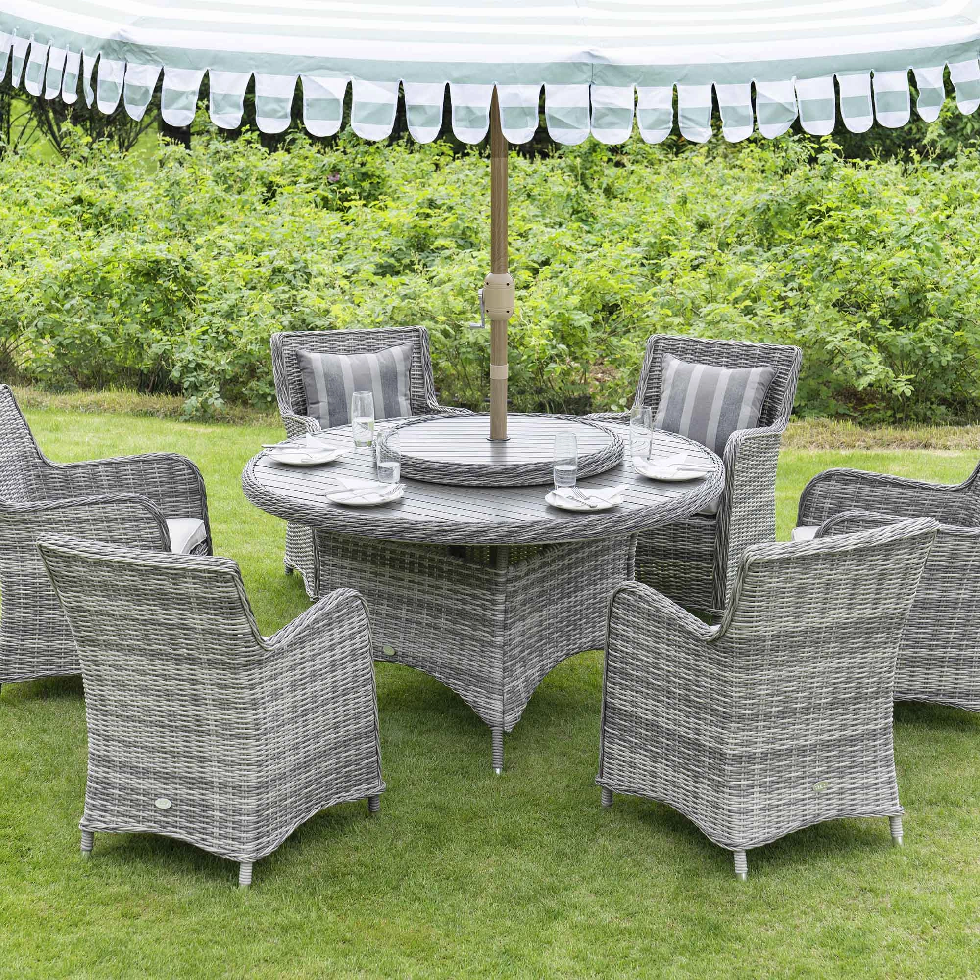 Hampshire 6-Seater Round Wicker Rattan Dining Set with Lazy Susan & Ice Bucket, Light Grey