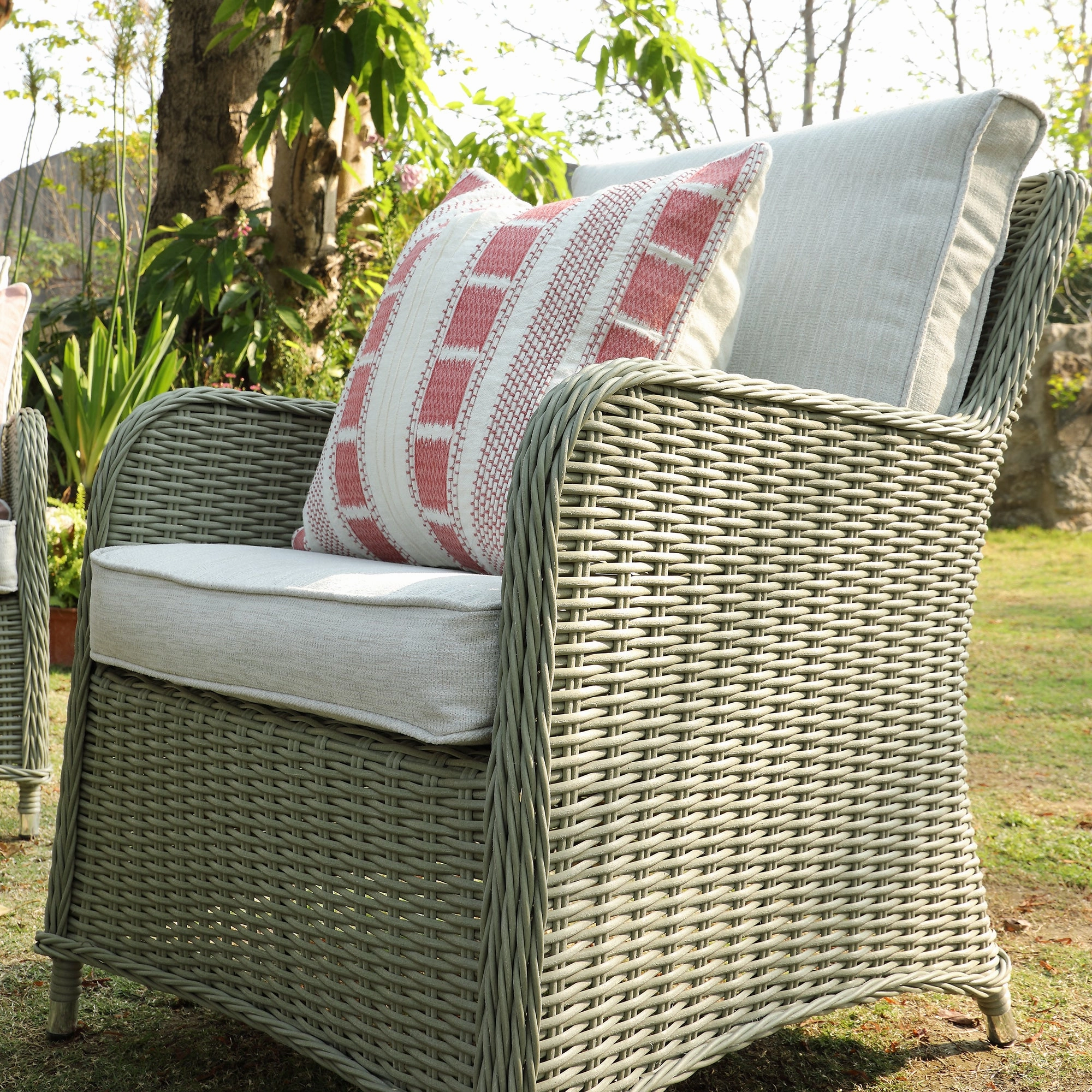 Hampshire 7-Seater Round Wicker Rattan Sofa Set with Rising Table, Desert Sage