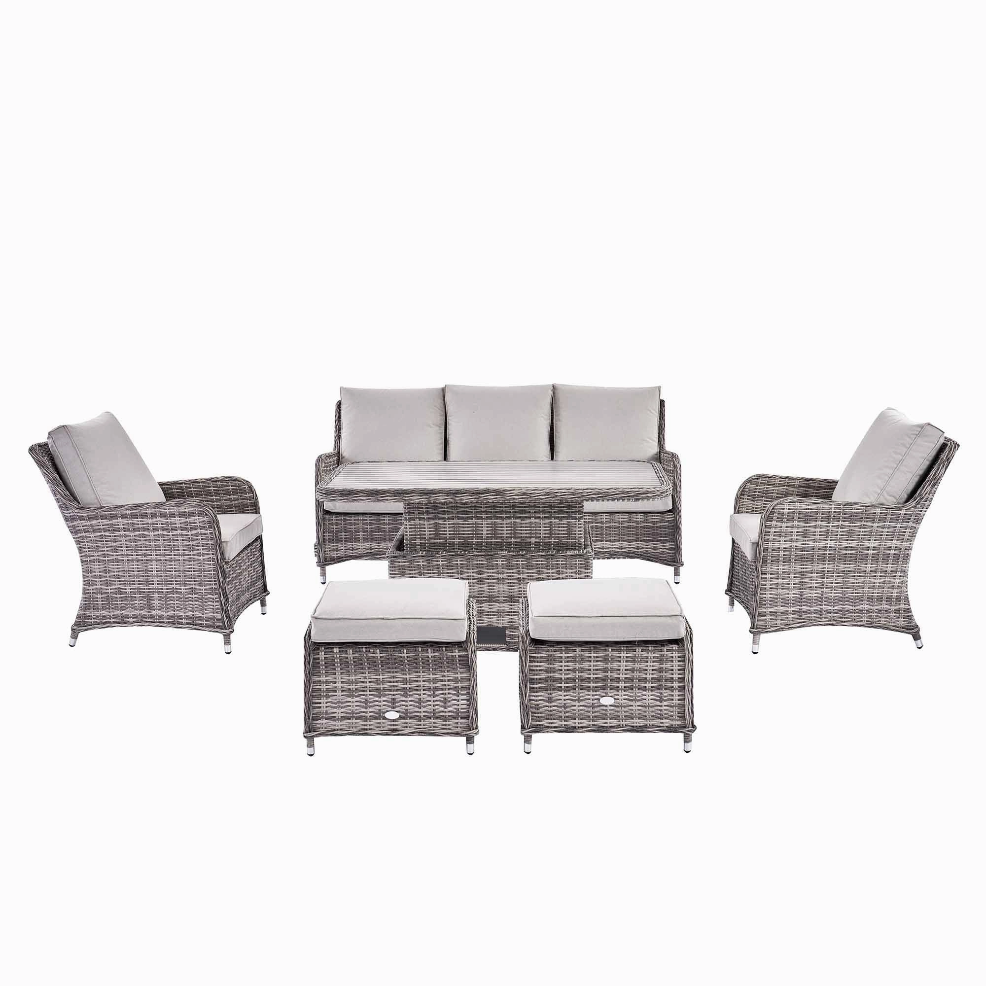 Hampshire 7-Seater Round Wicker Rattan Sofa Set with Rising Table, Light Grey