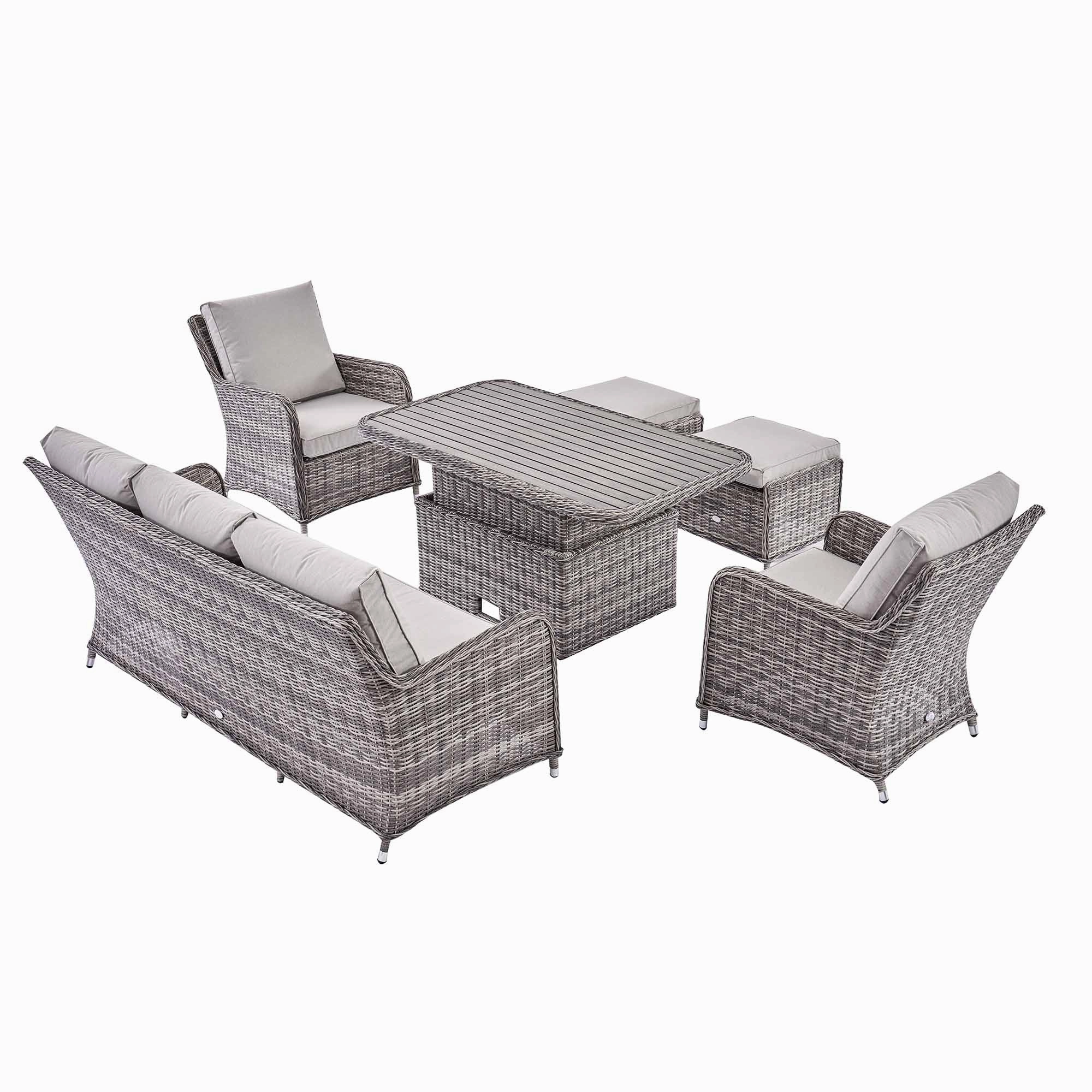 Hampshire 7-Seater Round Wicker Rattan Sofa Set with Rising Table, Light Grey