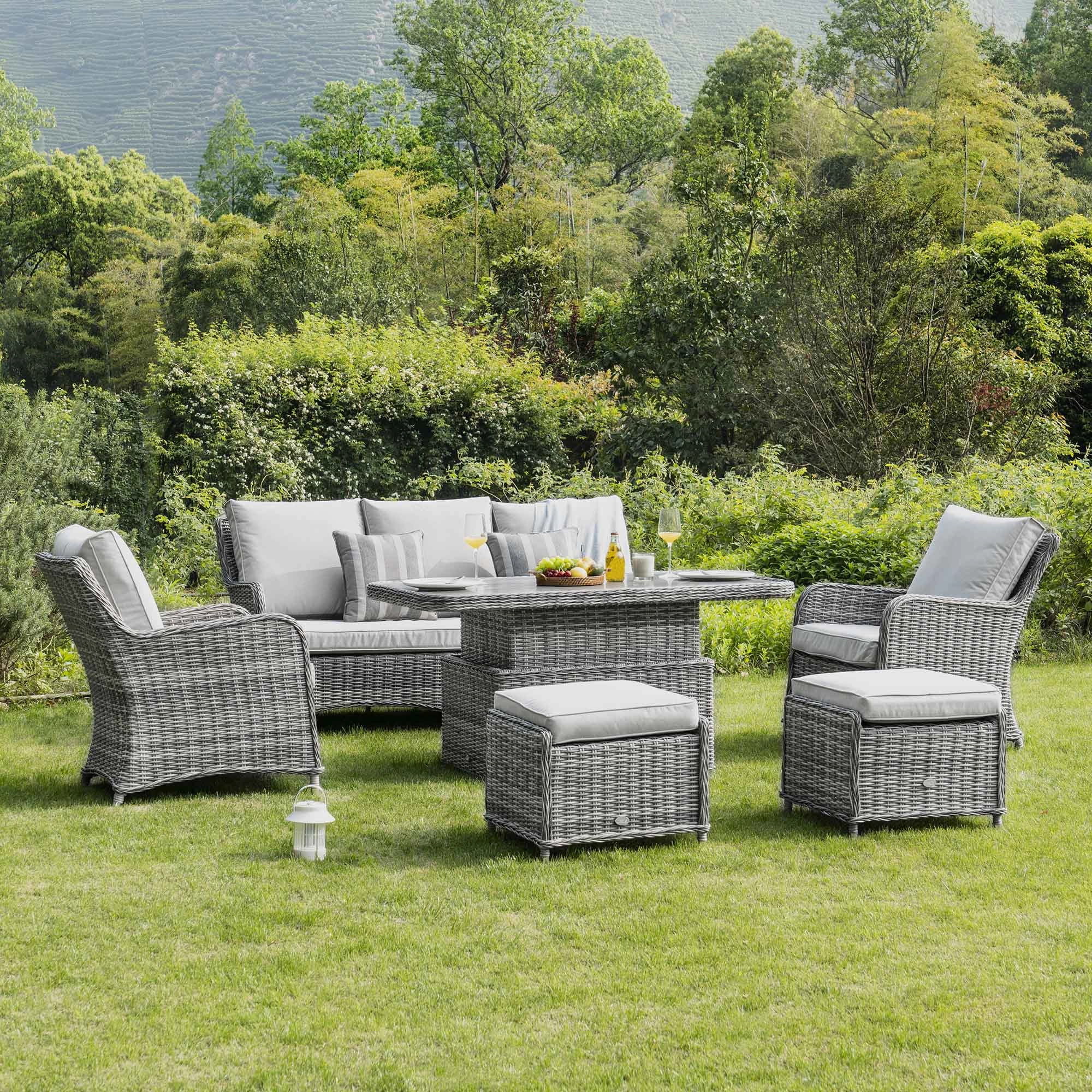 Hampshire 7-Seater Round Wicker Rattan Sofa Set with Rising Table, Light Grey