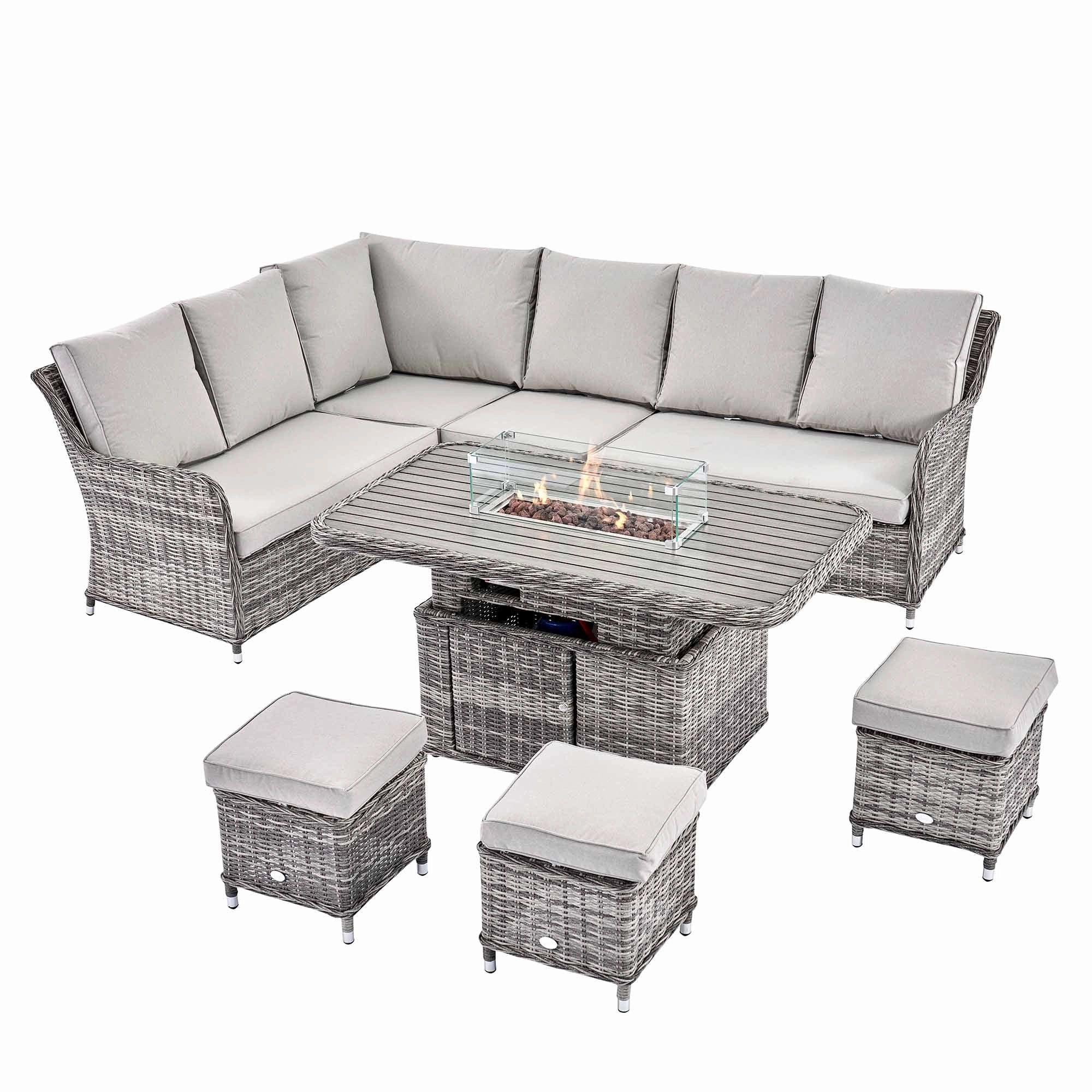 Hampshire Large Corner Round Wicker Rattan Casual Dining Set with Rising Firepit Table, Light Grey