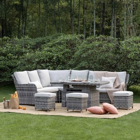 Hampshire Large Corner Round Wicker Rattan Casual Dining Set with Rising Firepit Table, Light Grey
