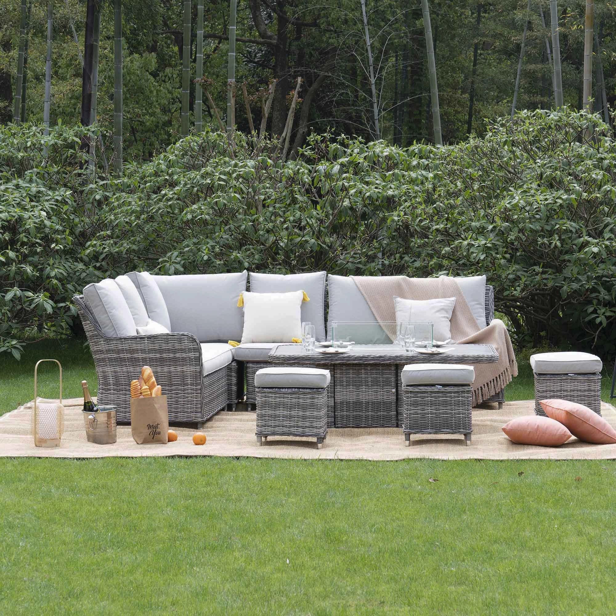 Hampshire Large Corner Round Wicker Rattan Casual Dining Set with Rising Firepit Table, Light Grey