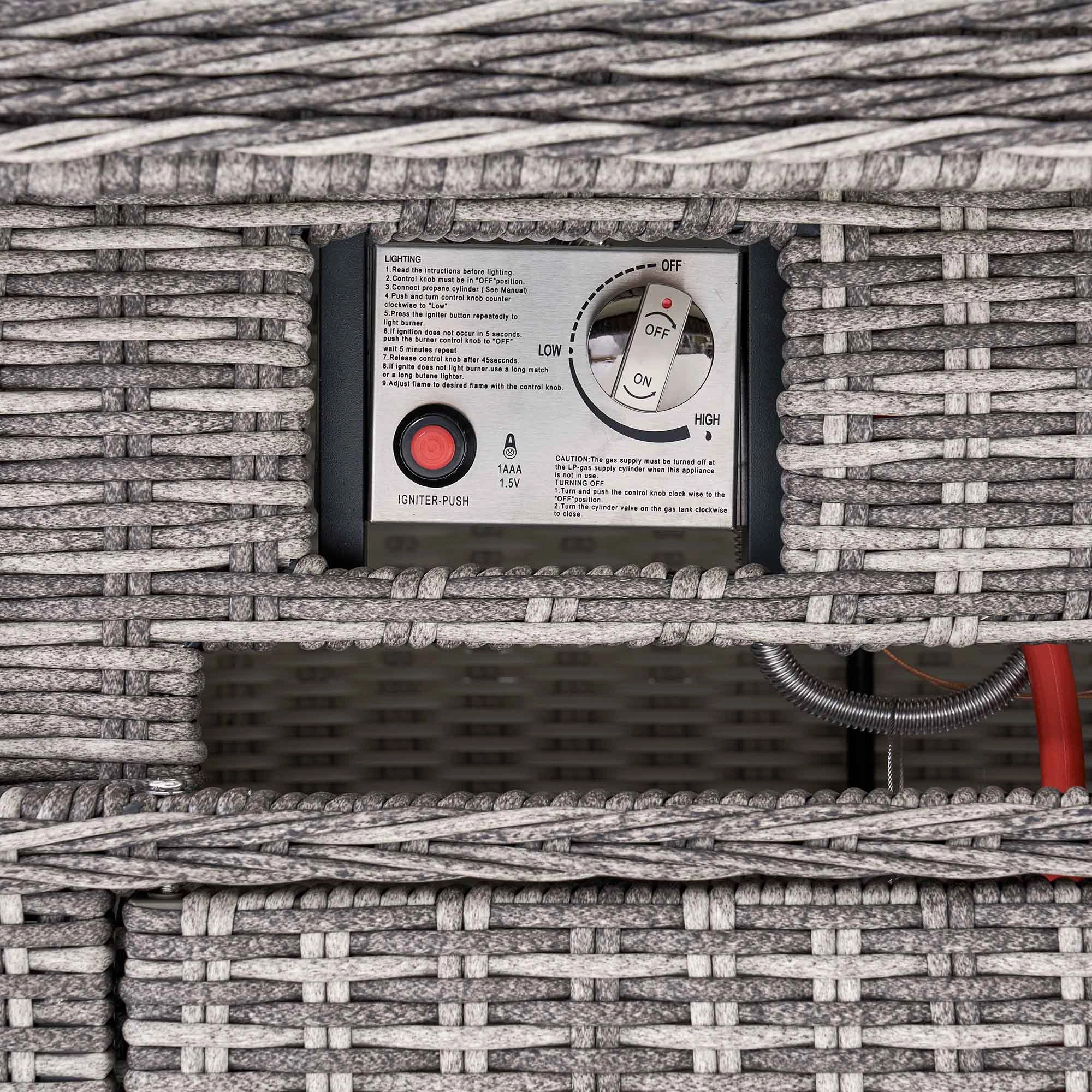 Hampshire Large Corner Round Wicker Rattan Casual Dining Set with Rising Firepit Table, Light Grey