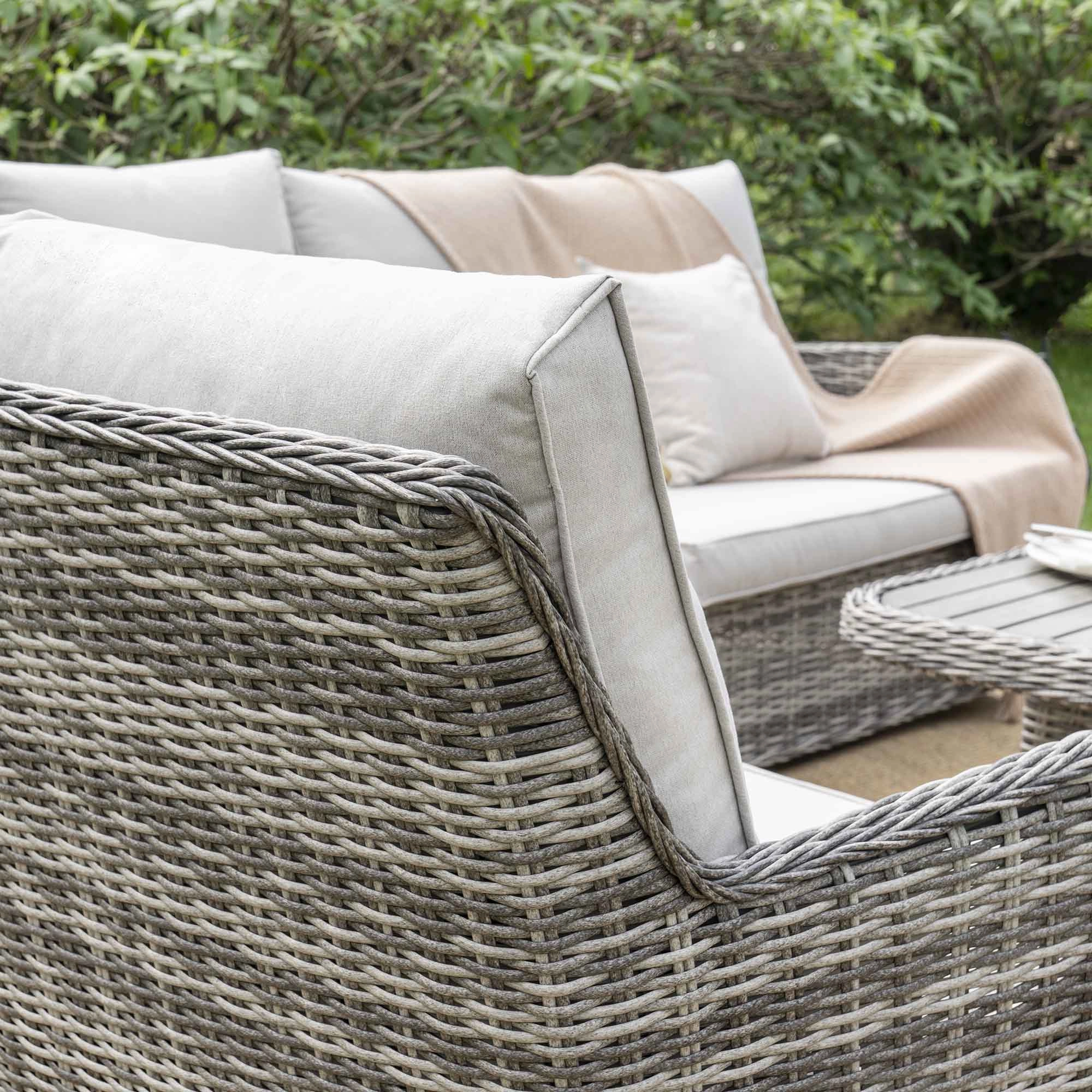 Hampshire Large Corner Round Wicker Rattan Casual Dining Set with Rising Firepit Table, Light Grey