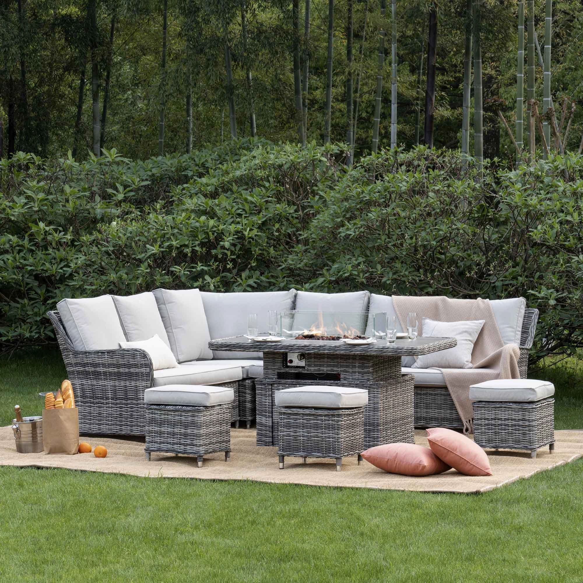 Hampshire Large Corner Round Wicker Rattan Casual Dining Set with Rising Firepit Table, Light Grey