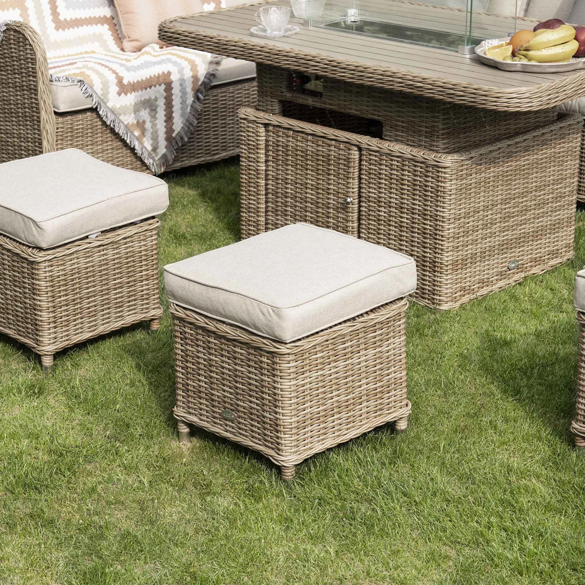Hampshire Large Corner Round Wicker Rattan Casual Dining Set with Rising Firepit Table, Natural