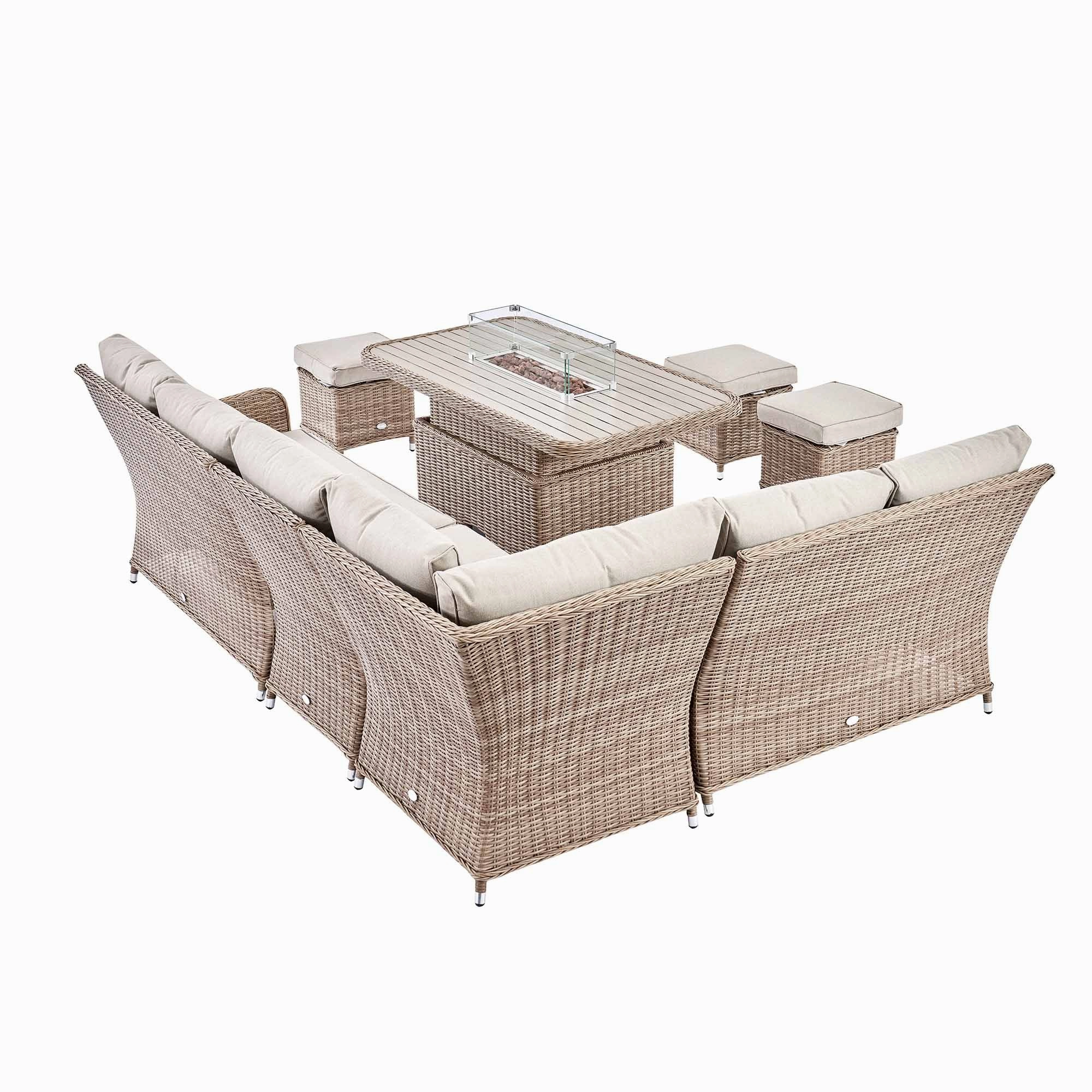 Hampshire Large Corner Round Wicker Rattan Casual Dining Set with Rising Firepit Table, Natural