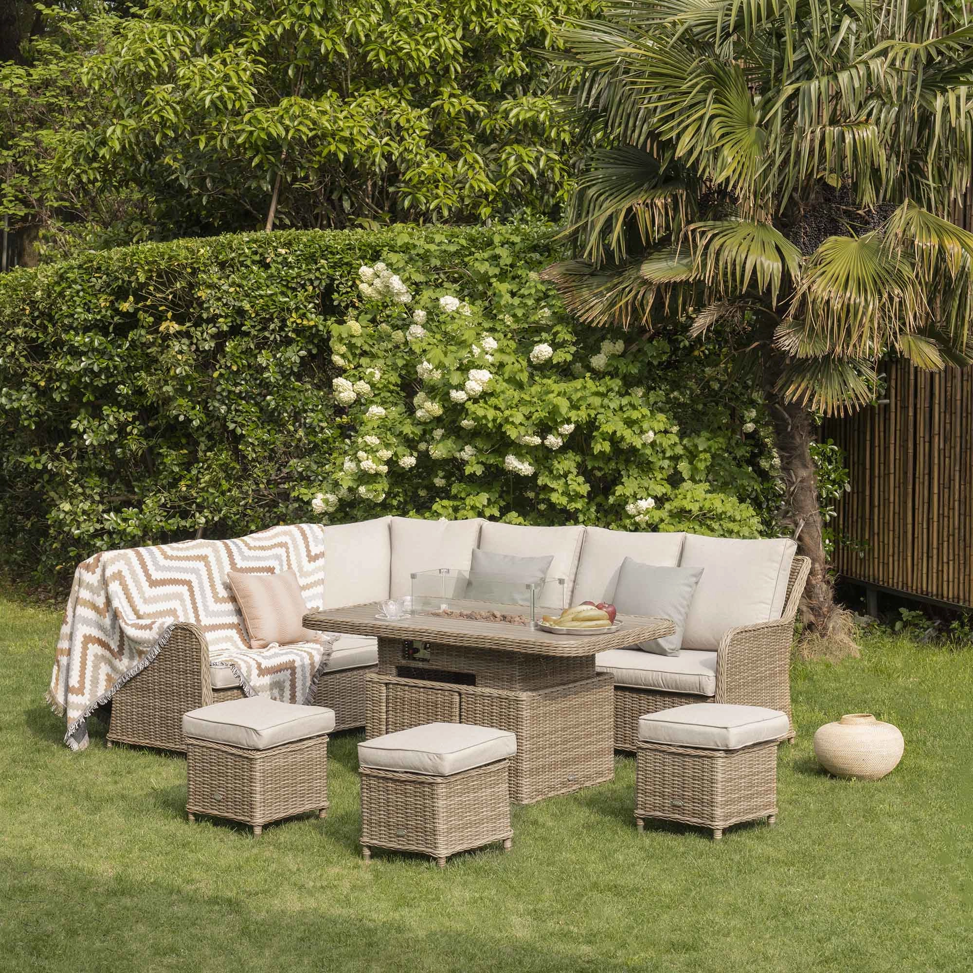 Hampshire Large Corner Round Wicker Rattan Casual Dining Set with Rising Firepit Table, Natural